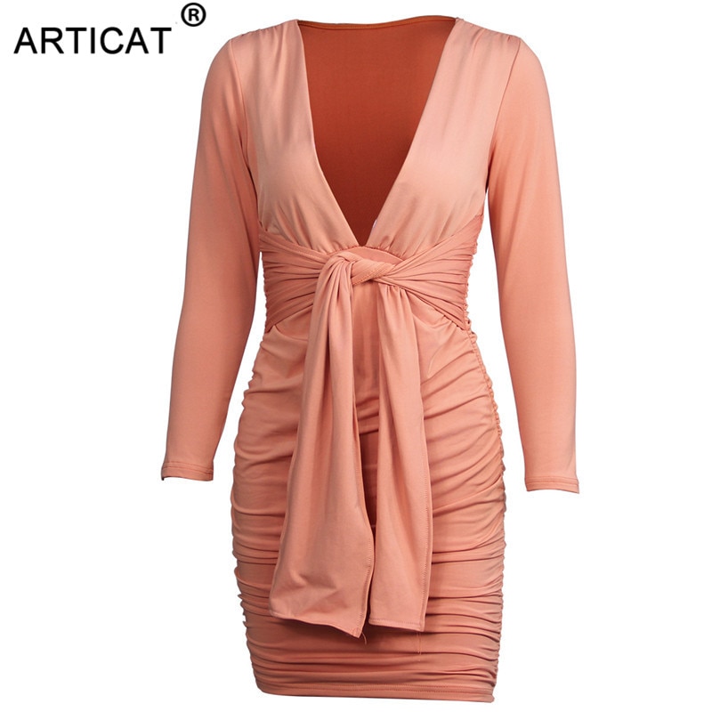 Articat Robe De Soir E Pliss E Moulante Courte Sexy D Collet En V Plongeant Manches Longues