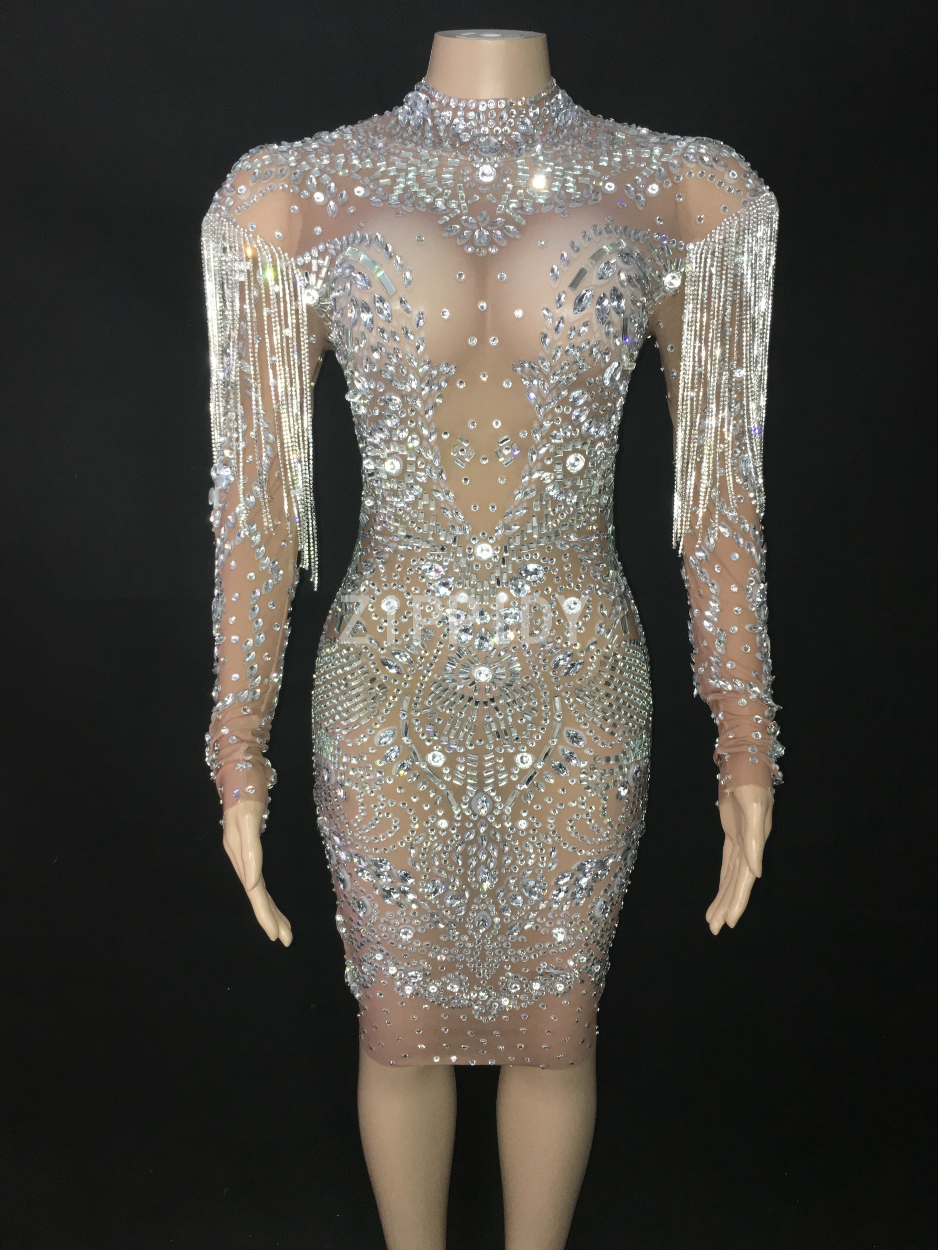 Strass Argent Brillant Frange Robe Transparente Anniversaire Femme Celebrer Maille Tenue Barre Femme Robe Danseuse Mode Femme Ventelh