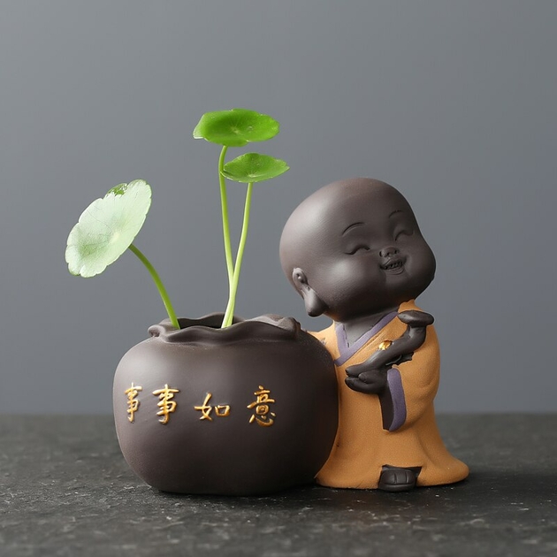 Ceramique The Animaux Ornements Petit Bouddha Statue Moine Figurine Bureau Pot De Fleur Hydroponique Plante Decoration The Accessoires Ameublement Ventelh