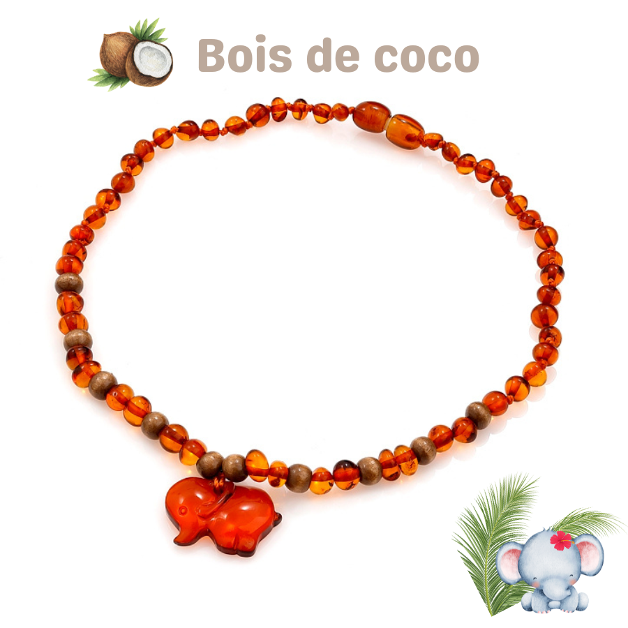 Collier en Ambre et en bois de coco - 34cm - Éléphant