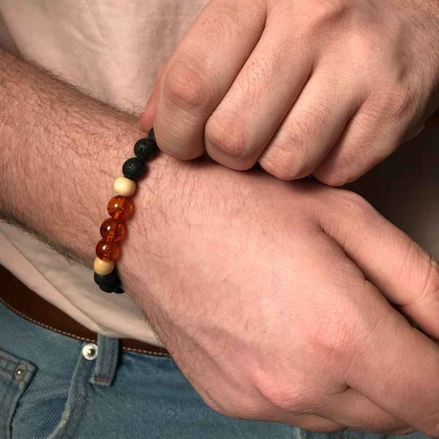 Bracelet élastique en pierre de lave, ambre et bois - Homme