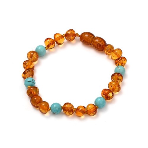 Bracelet en Ambre cognac et Turquoise reconstituée - 15cm