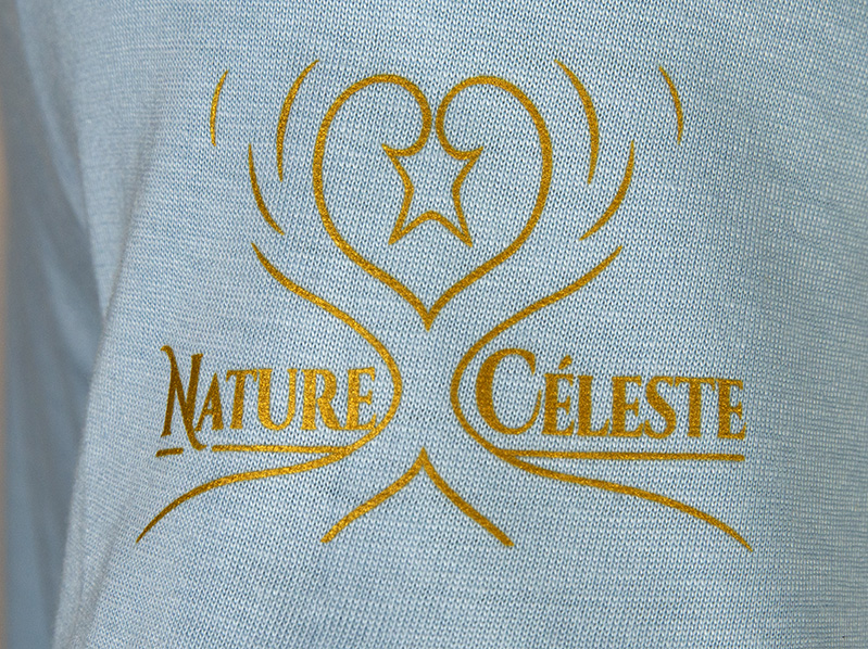 La fontaine deau vive-T-shirt-femme-détail manche-Nature Céleste-Francois Schlesser-Bleu-