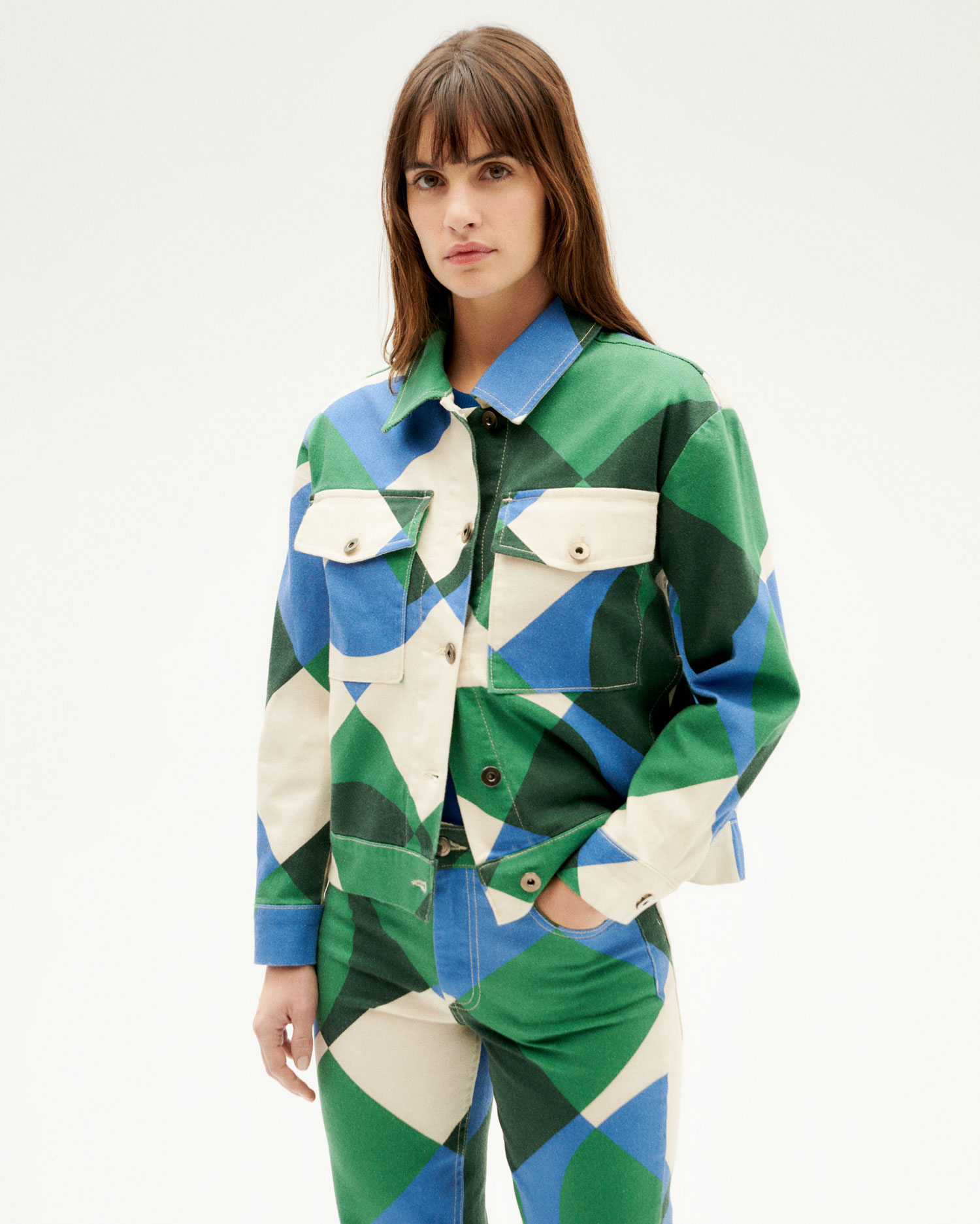 Veste Tetris Frans - bleu et vert - coton biologique - Thinking Mu 01