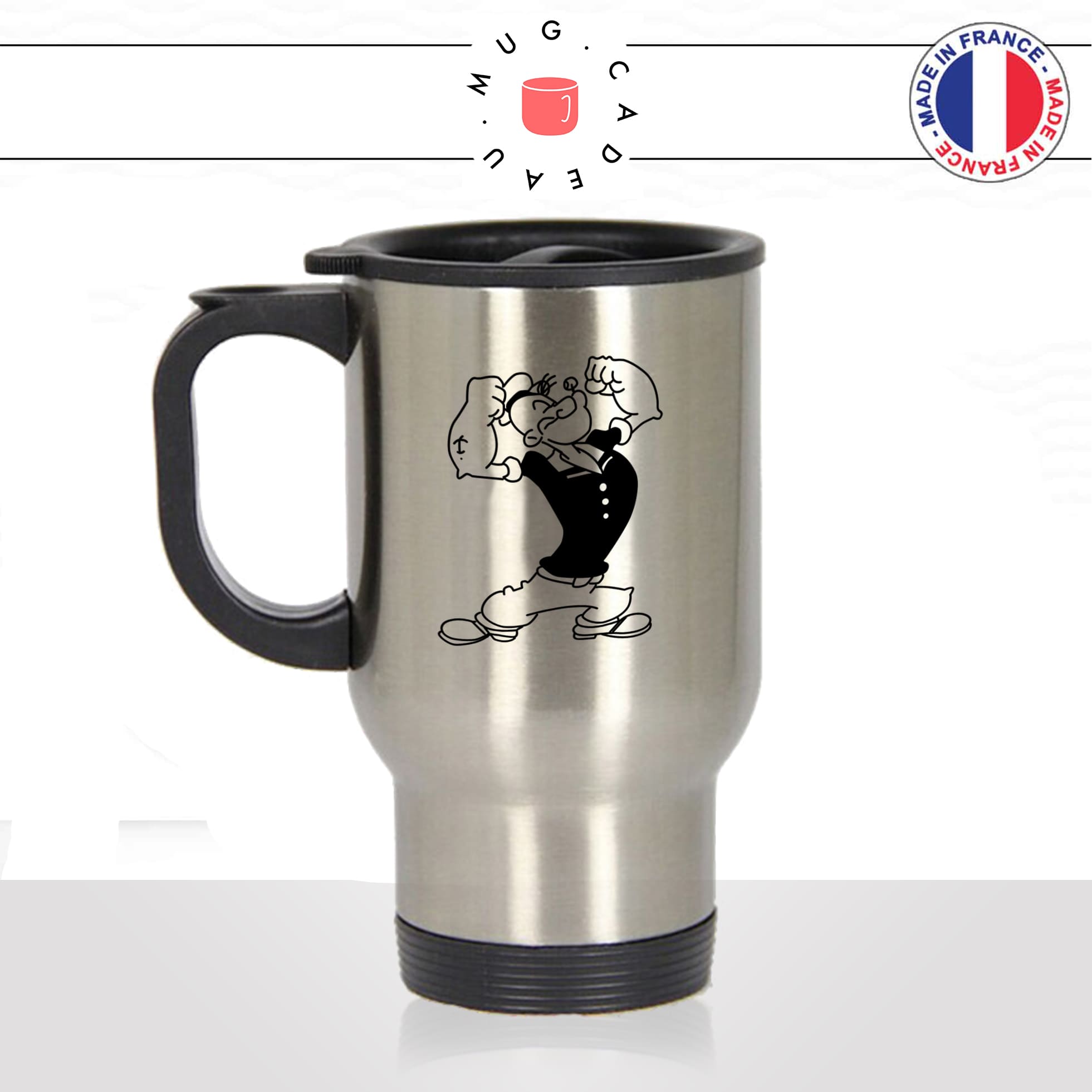 mug-tasse-de-voyage-inox-gris-café-a-emporter-dessin-animé-popeye-noir-et-blanc-homme-fort-viril-epinards-musculation-idée-cadeau-original