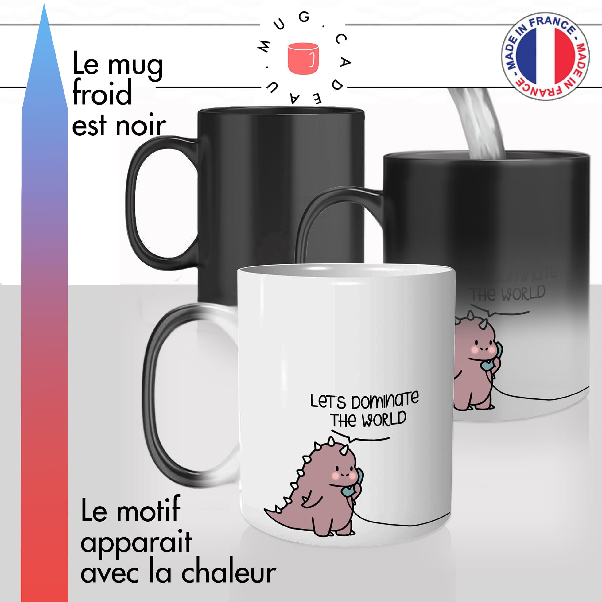 mug magique thermoreactif thermo chauffant t rex dinosaure dominer le monde appelle telephone anglais original idée cadeau