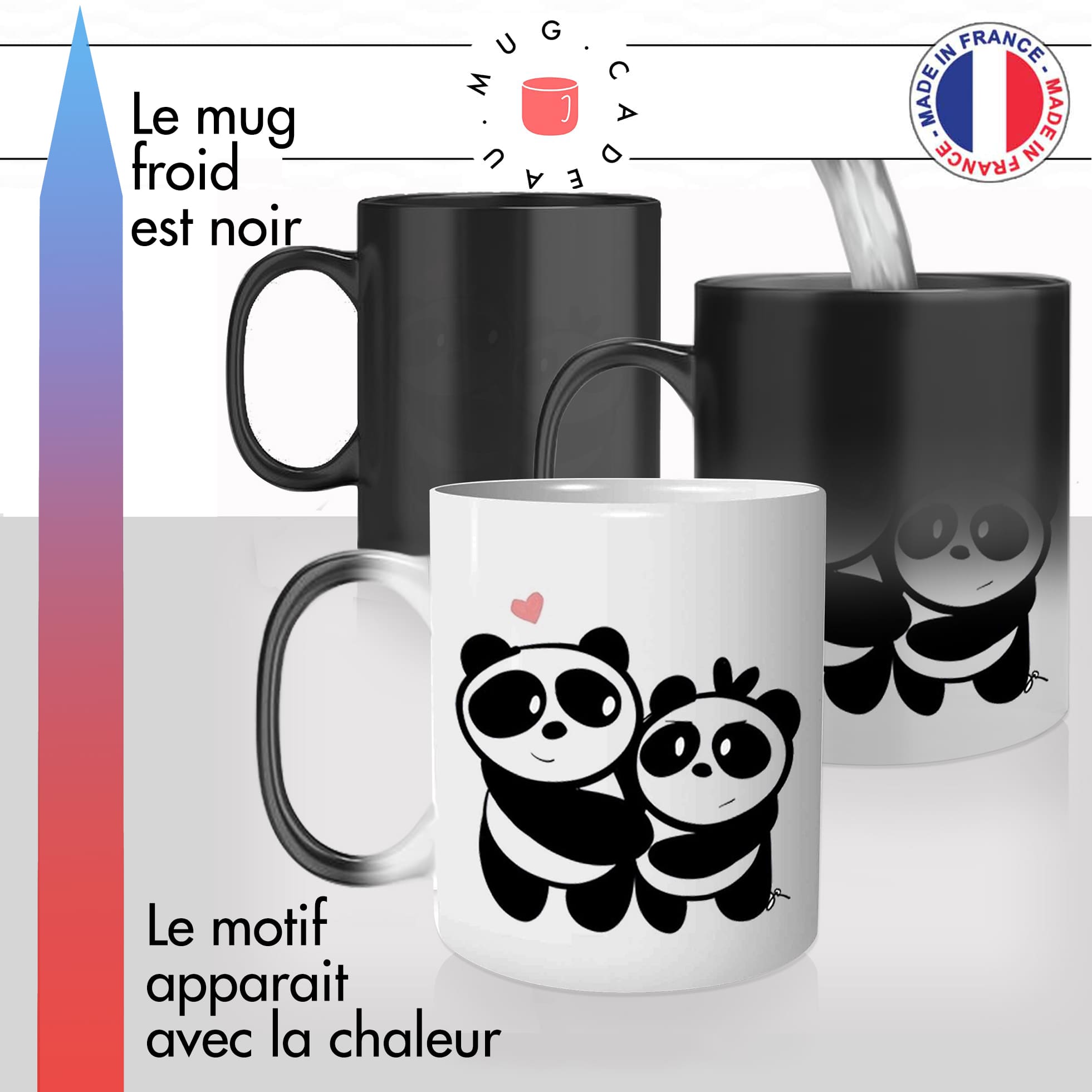mug magique thermoreactif thermochauffant personnalisé couple de panda amoureux coeur content mignon idée cadeau fun