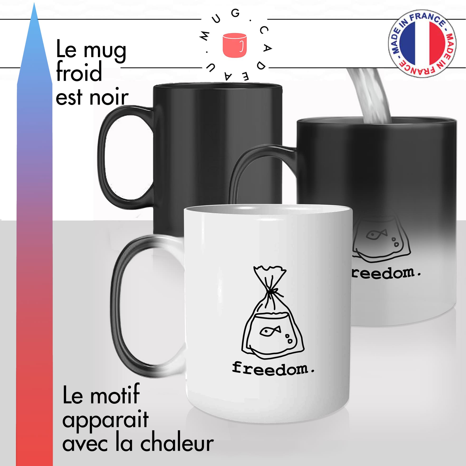 mug magique thermoreactif thermochauffant personnalisé poisson freedom liberté poissons rouge bocal mignon idée cadeau fun
