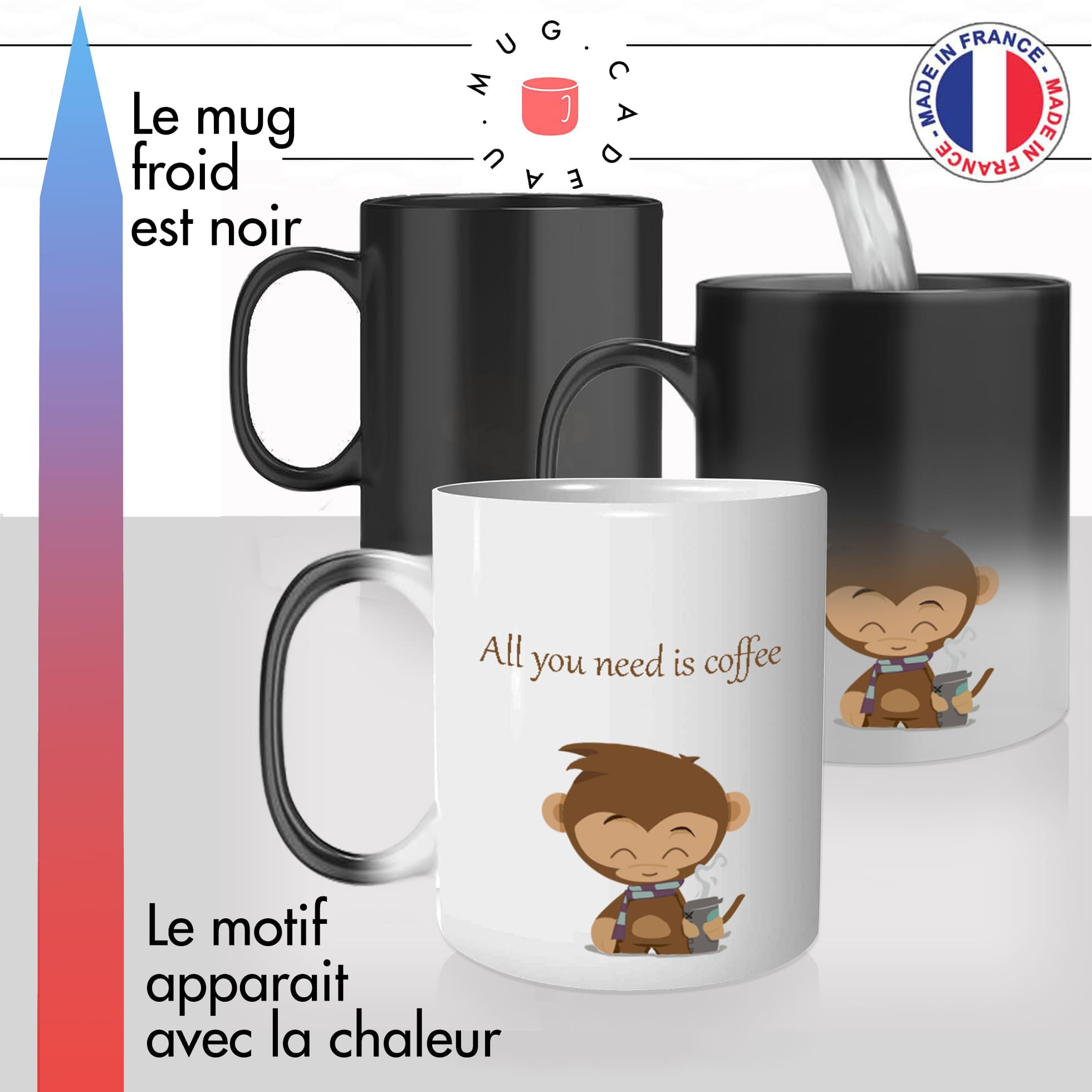 mug magique thermoreactif thermochauffant personnalisé singe froid all i need is coffee stylé idée cadeau fun