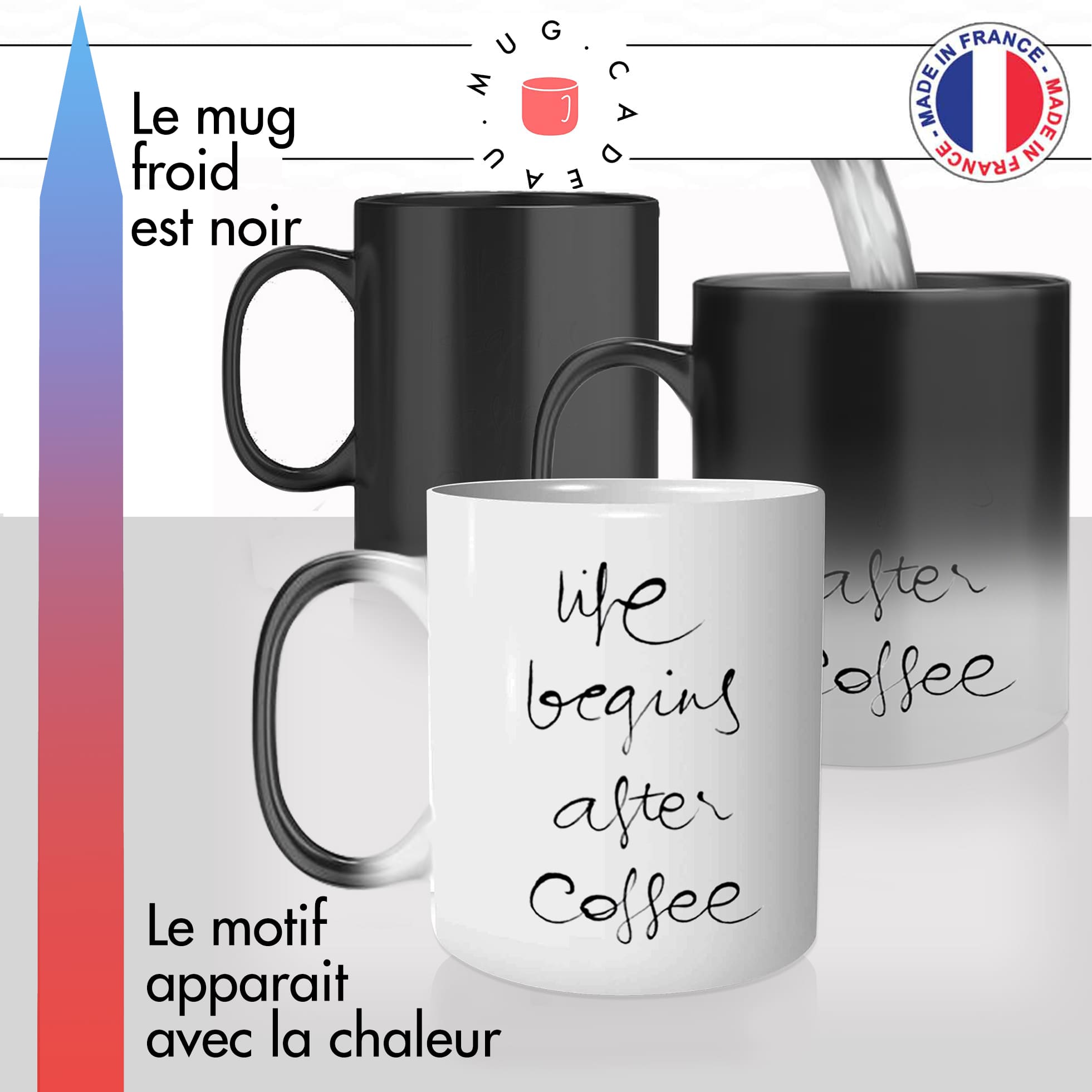 mug magique thermoreactif thermochauffant personnalisé citation anglaise la vie apres le café life begins after coffee idée cadeau fun