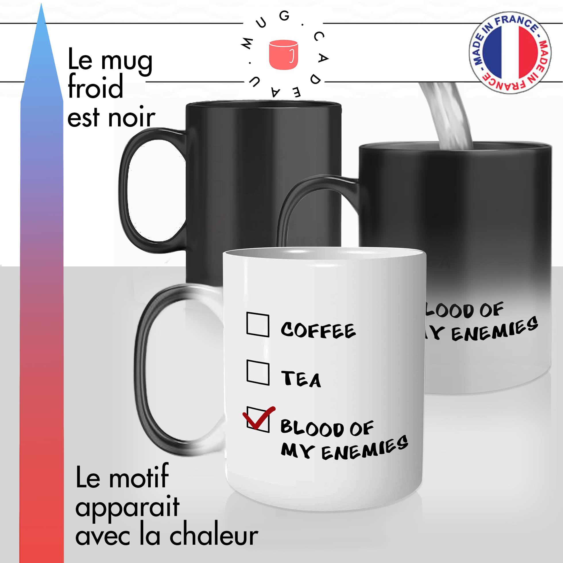 mug magique thermoreactif thermochauffant personnalisé coffee tea blood of my enemies sang vampire drole idée cadeau fun