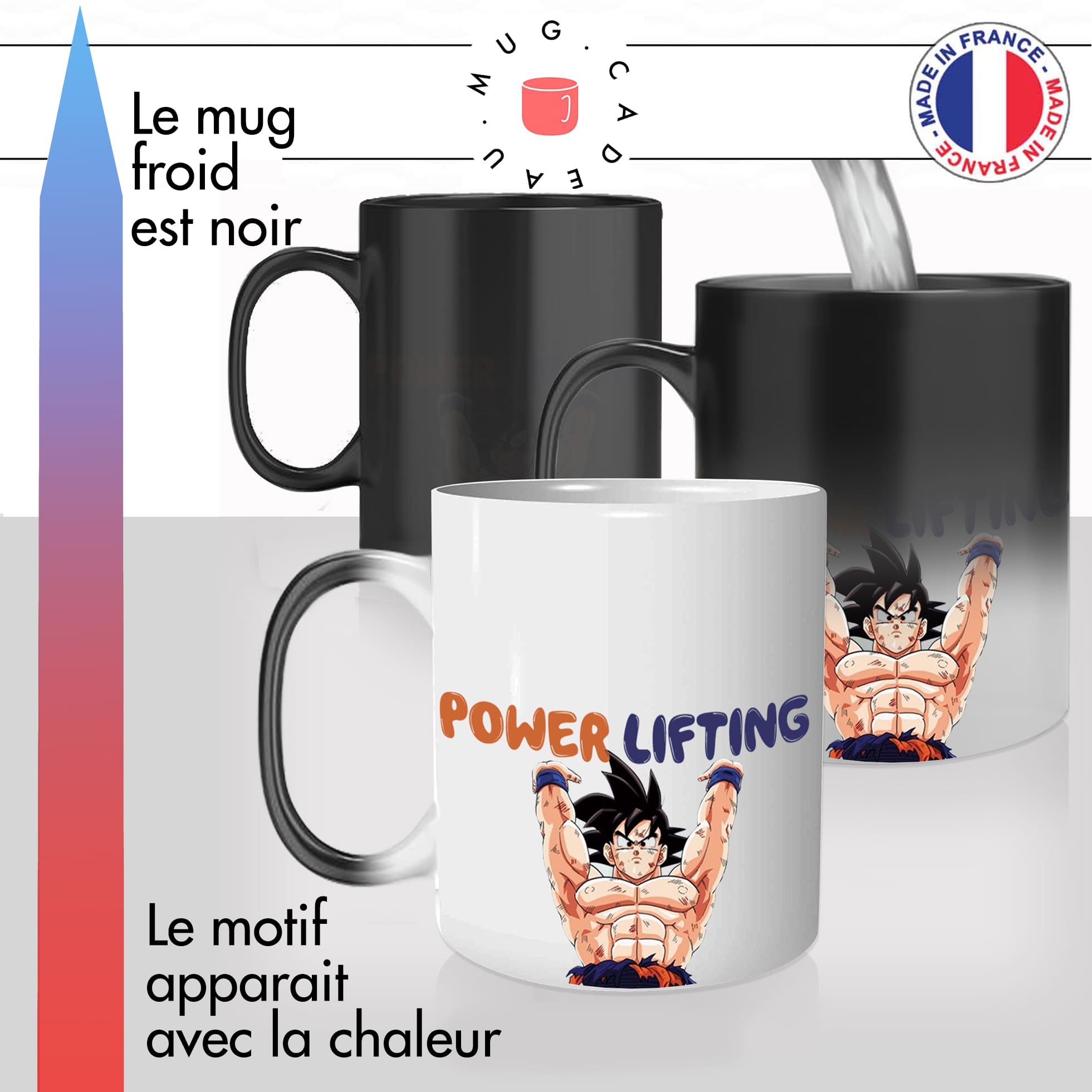 mug magique thermoréactif thermo chauffant dessin animé power lifting musculation sangoku salle de sport idée cadeau personnalisé fun