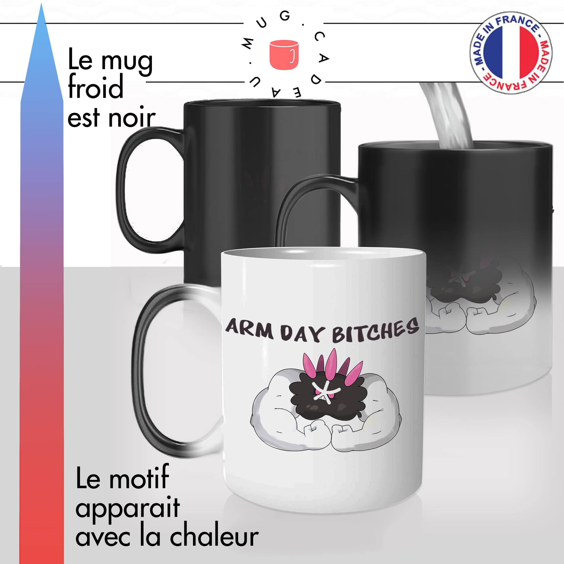 mug magique thermoréactif thermo chauffant dessin animé arm day bitches petasses musculation salle de sport idée cadeau personnalisé fun