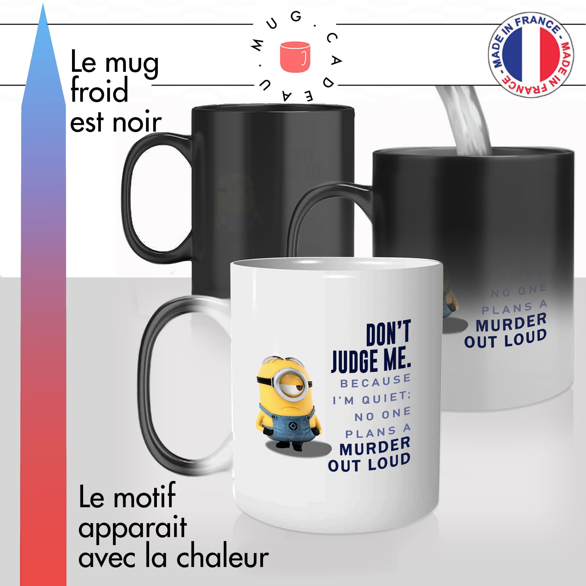 mug magique thermoréactif thermo chauffant dessin animé personnage minion dont judge me murder idée cadeau personnalisé fun