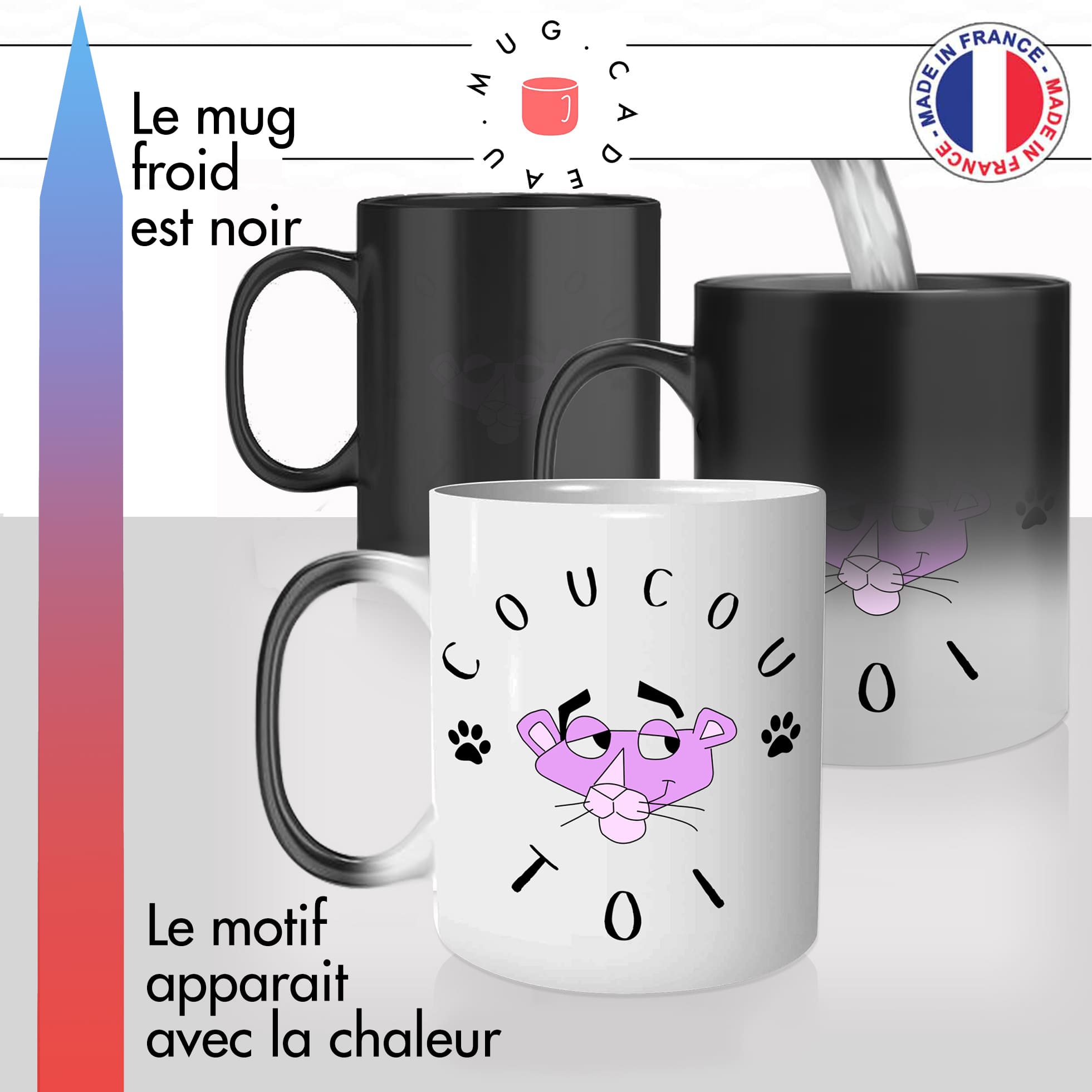 mug magique thermoréactif thermo chauffant dessin animé panthere rose coucou toi bonjour salut patte felin idée cadeau personnalisé fun