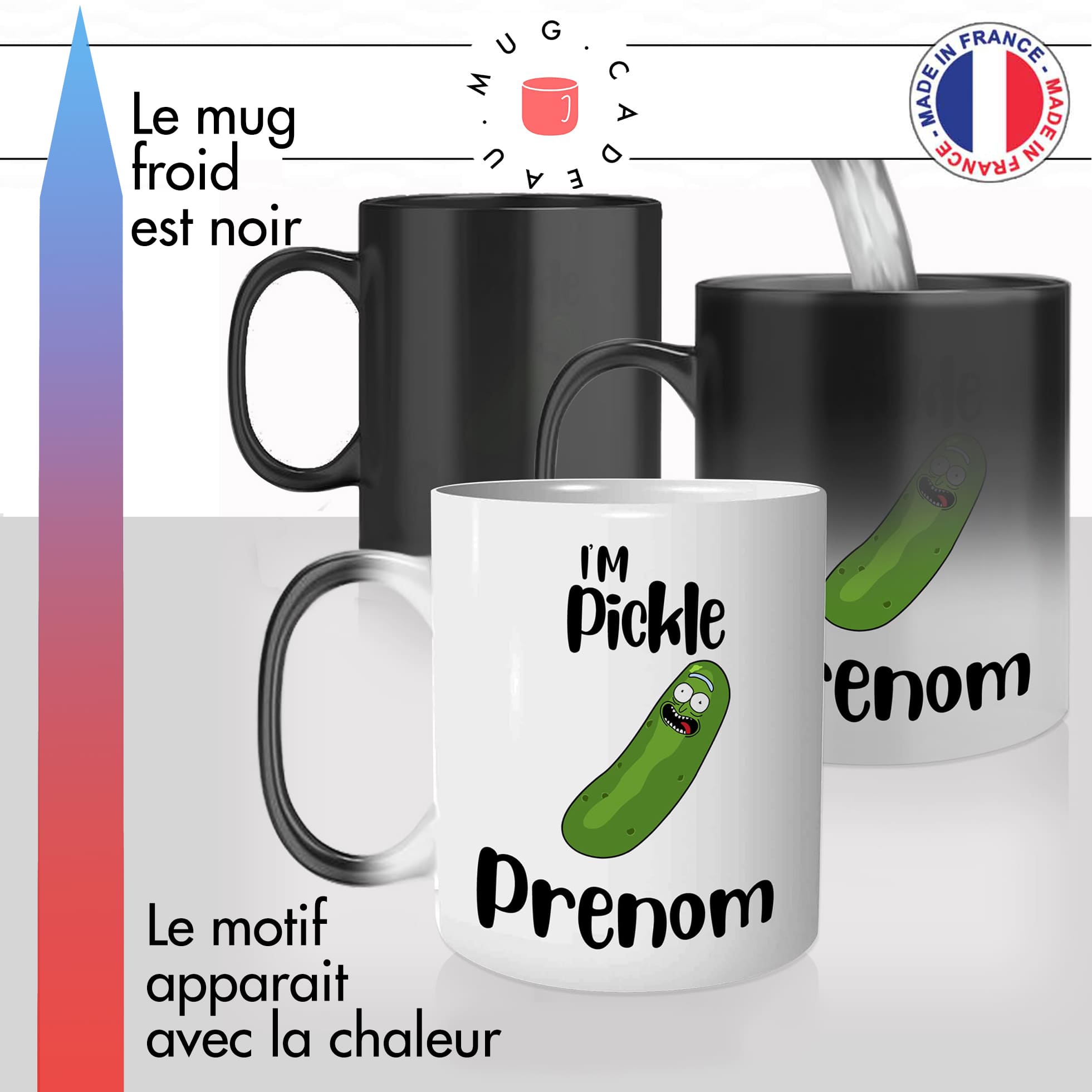 mug magique thermoréactif thermo chauffant personnalisé série pickle rick cornichon prenom personnalisable idée cadeau fun cool original