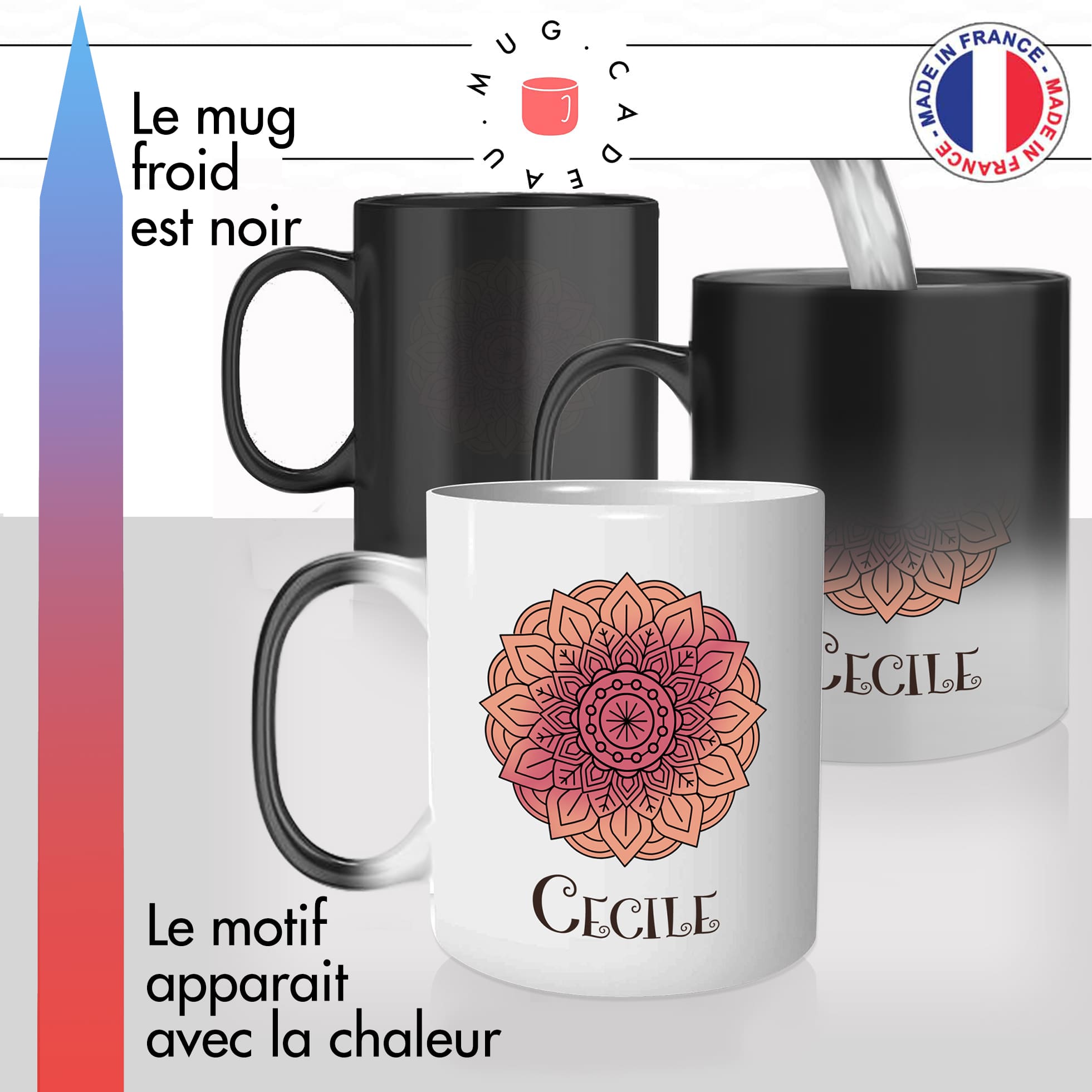 mug magique thermoréactif thermo chauffant personnalisé dessin fleur mandala rose prenom personnalisable idée cadeau fun original