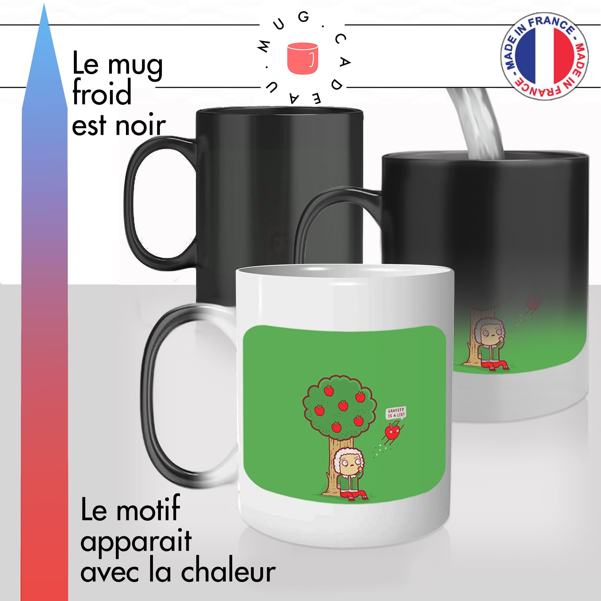 mug magique thermoréactif thermo chauffant personnalisé geek einstein gravité newton pomme pommier scientifique idée cadeau fun original