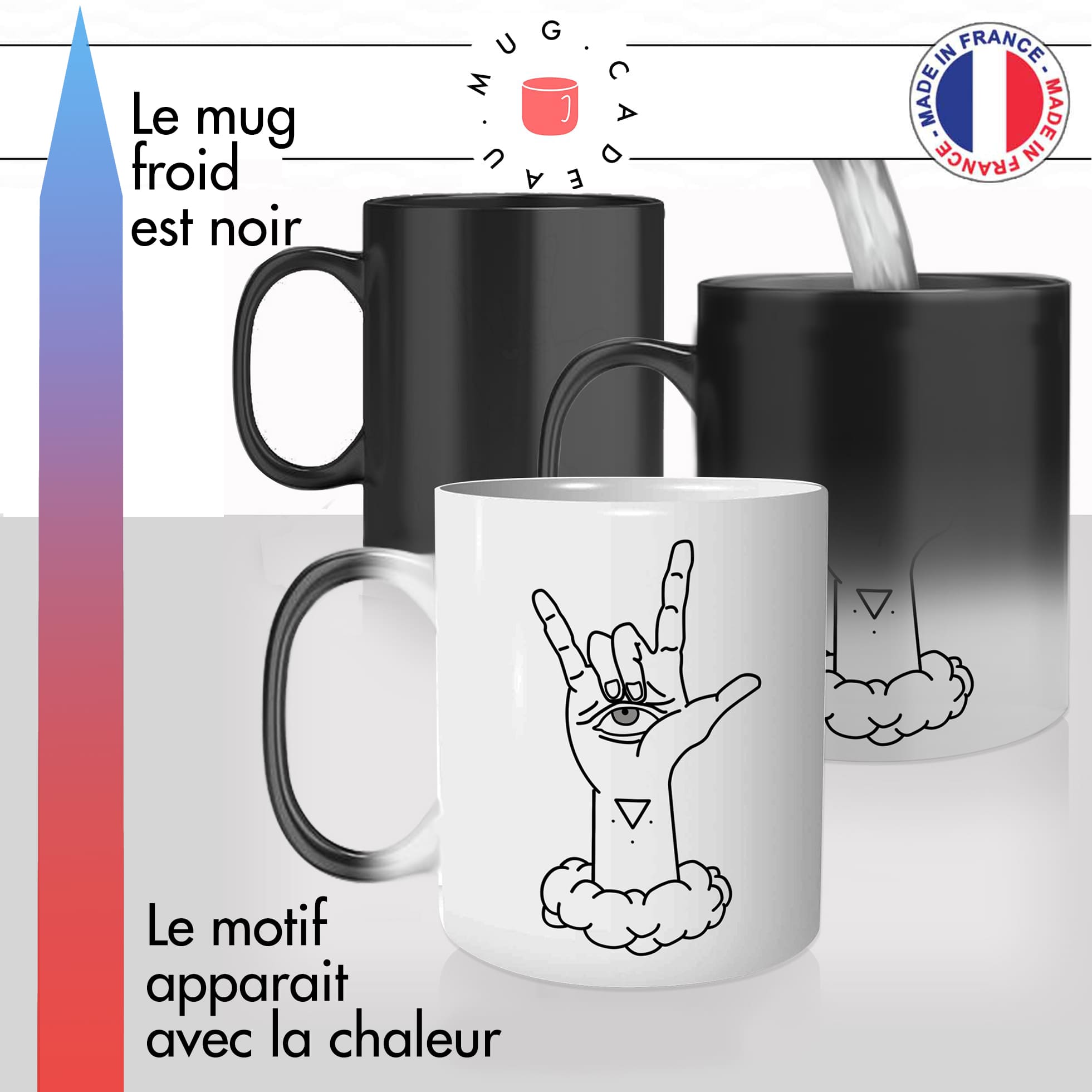 mug magique thermoréactif thermo chauffant personnalisé main rock and roll secte triangle oeil drole offrir idée cadeau original