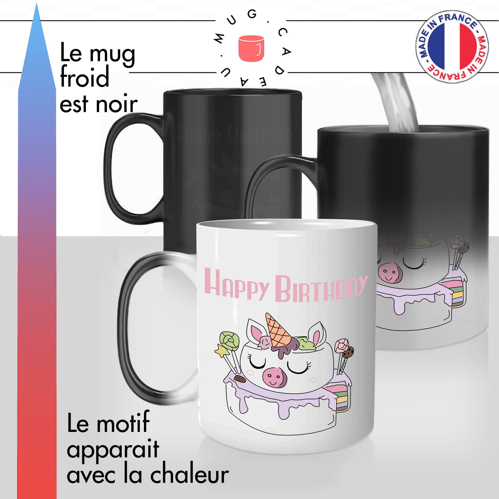 mug magique thermoréactif thermo chauffant personnalisé joyeux anniversaire happy birthday gateau licorne  idée cadeau original