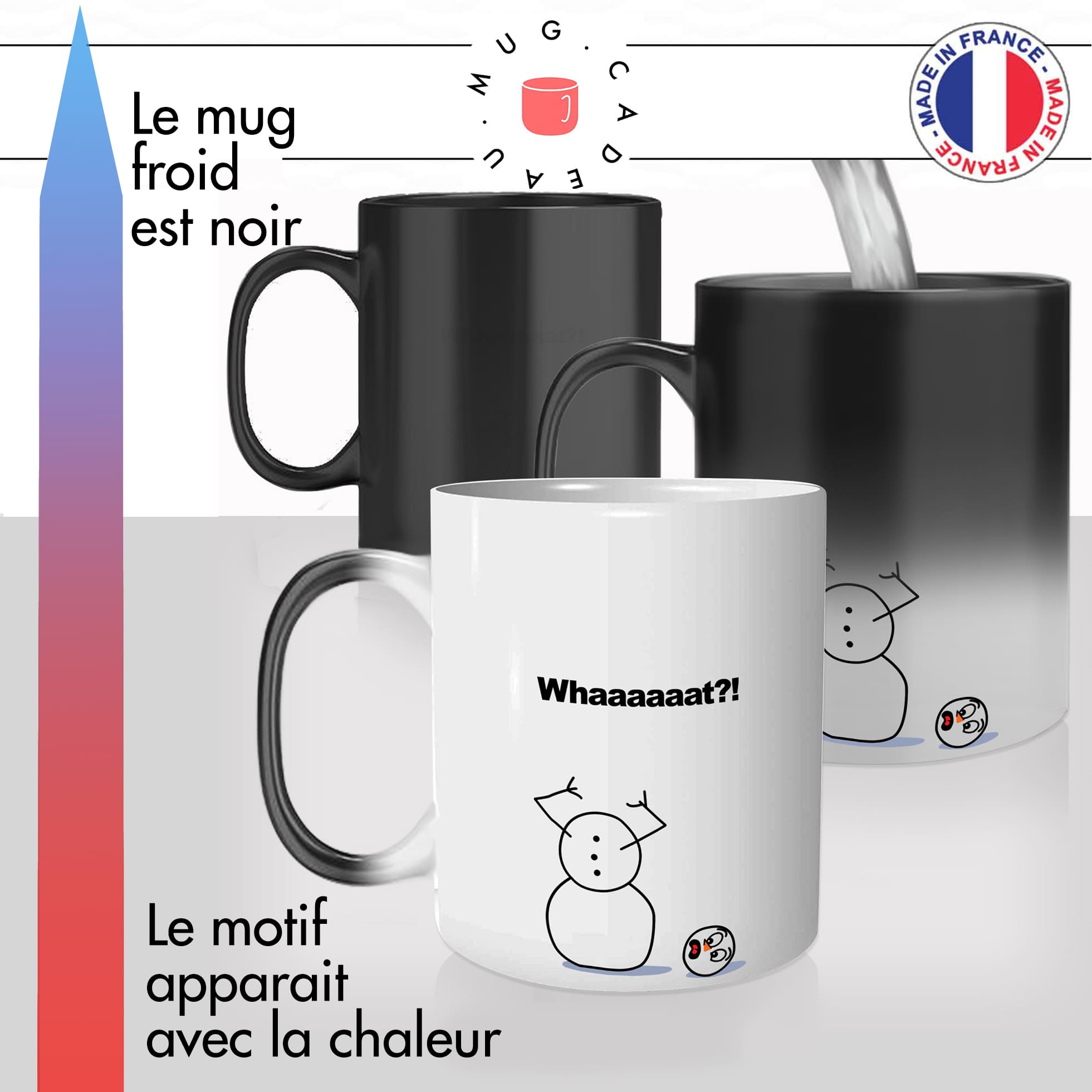 mug magique thermoréactif thermo chauffant personnalisé joyeux noel bonhomme de neige perd la tete whaaat drole offrir idée cadeau originale fun