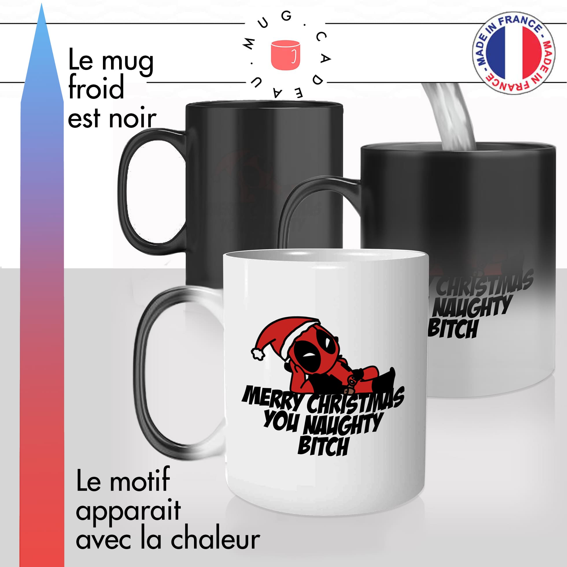 mug magique thermoréactif thermo chauffant personnalisé joyeux noel merry christmas naughty bitch deadpool pere fouettard idée cadeau original