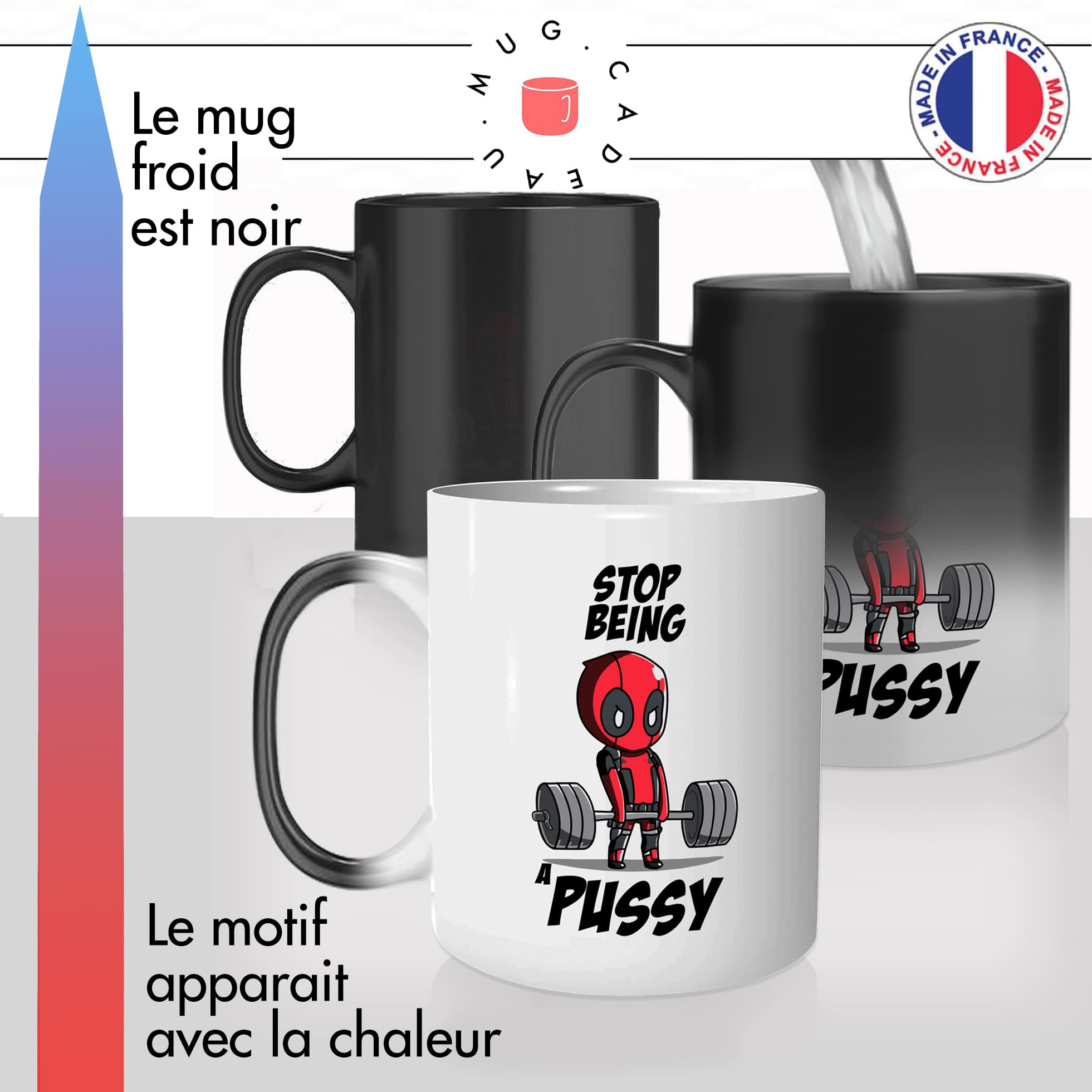 mug magique thermoréactif thermo chauffant personnalisé super heros deadpool deadlift pussy muscu strongman sport idée cadeau original fun fan