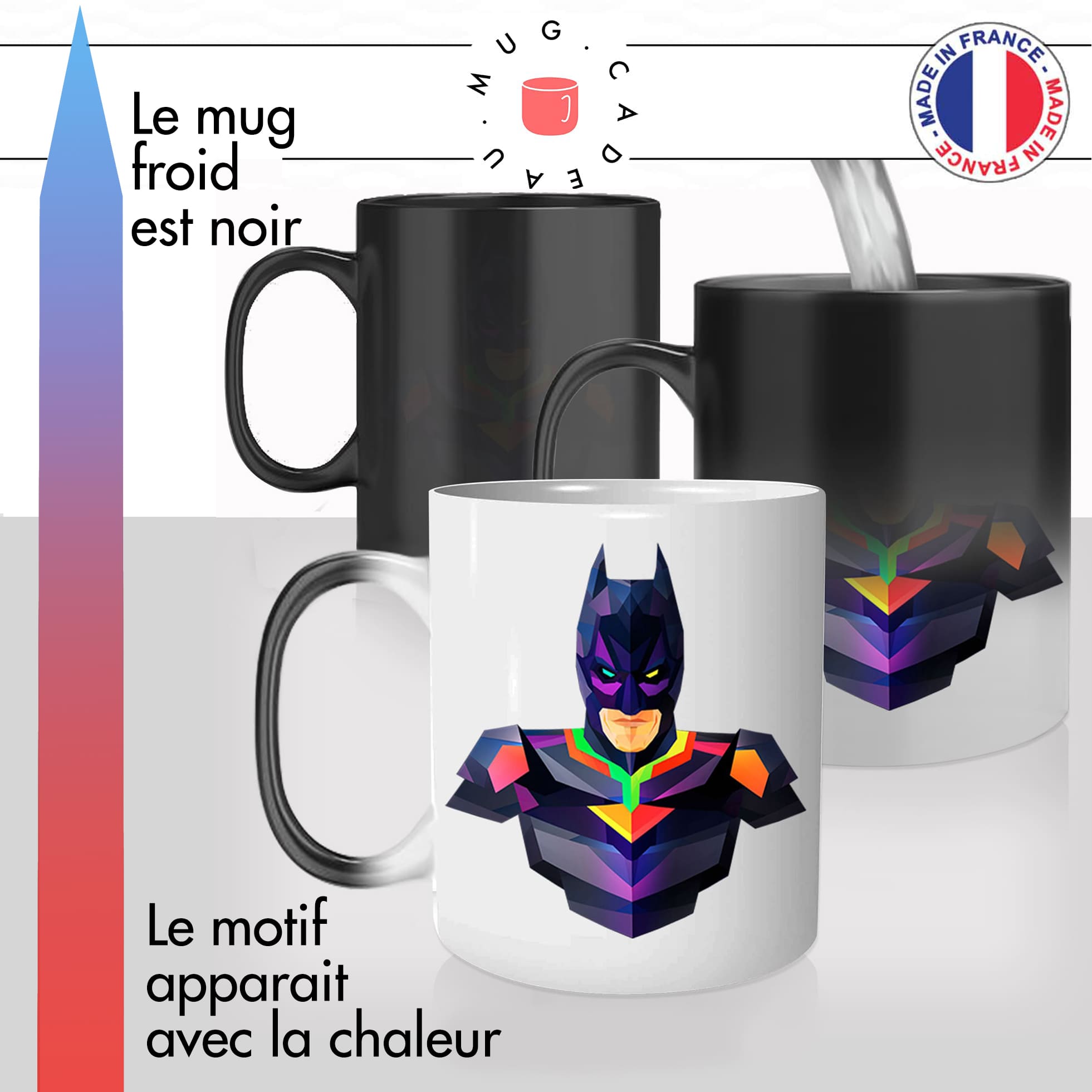 mug magique thermoréactif thermo chauffant personnalisé super heros batman origami couleurs cool fan fun idée cadeau original