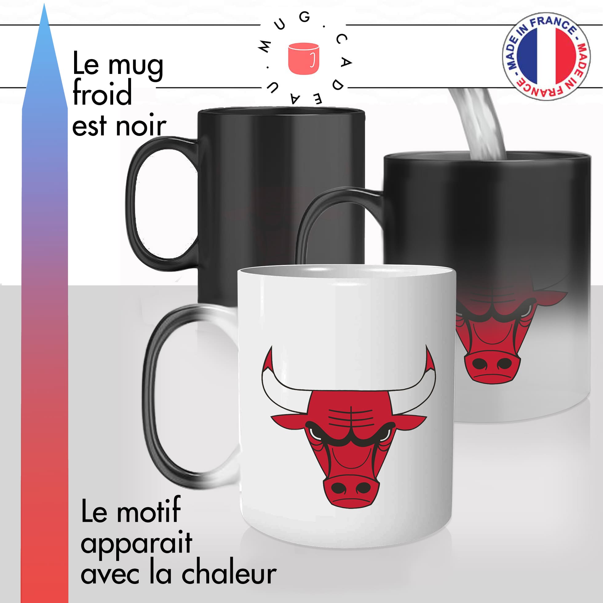 mug magique thermoréactif thermo chauffant personnalisé equipe de basket mascotte taureau bulls idée cadeau original