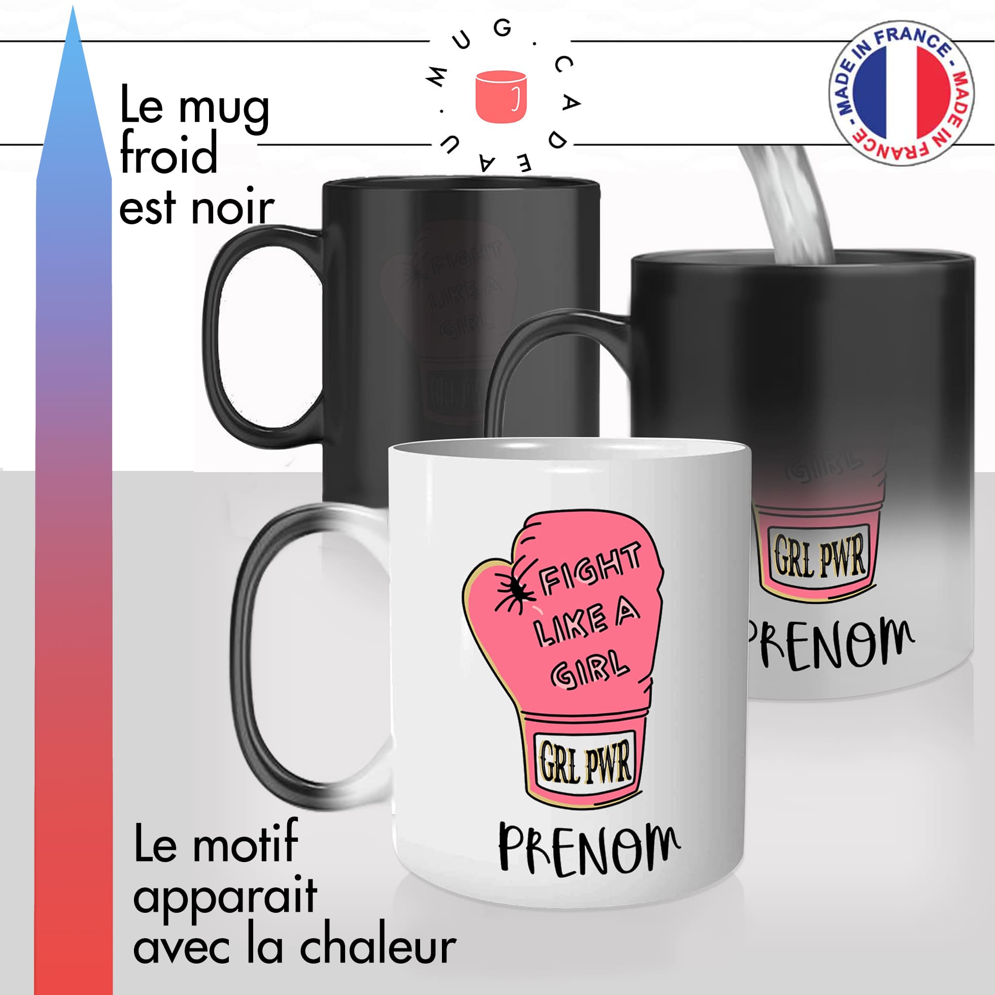 mug magique thermoréactif thermo chauffant personnalisé gants de boxe rose femme sport de combat prenom personnalisable idée cadeau original