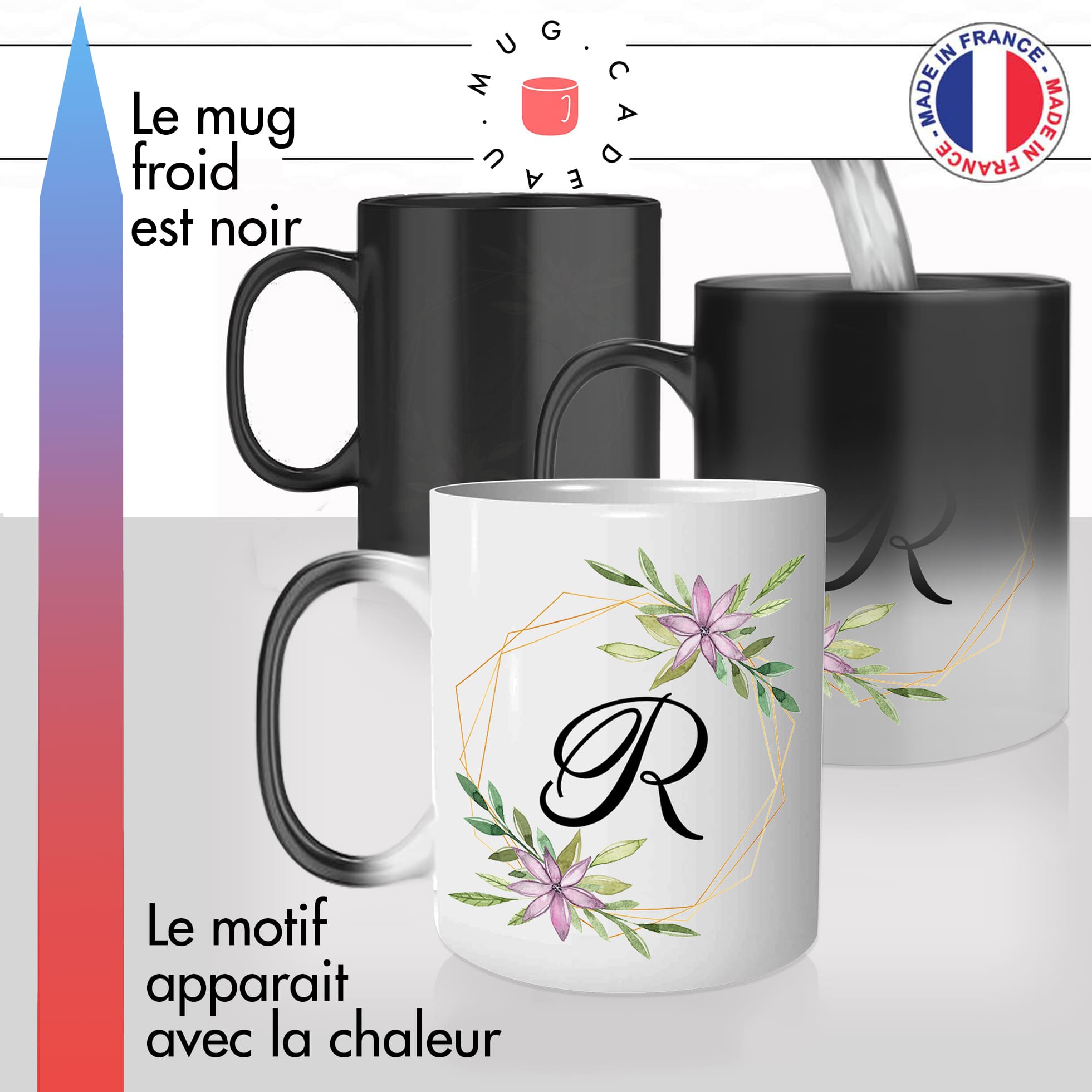 mug magique thermoréactif thermo chauffant personnalisé initiale lettre R fleurs mignon prenom idée cadeau original fun