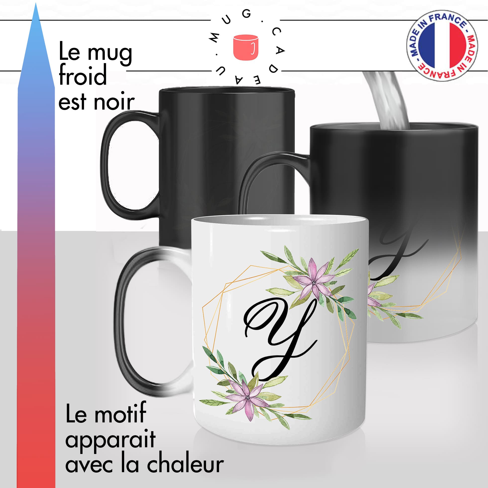 mug magique thermoréactif thermo chauffant personnalisé initiale lettre Y fleurs mignon prenom idée cadeau original fun