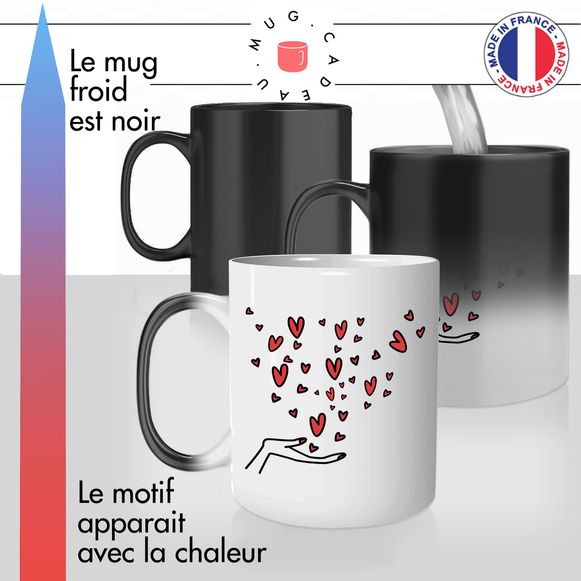 mug magique thermoréactif thermo chauffant personnalisé main coeurs qui senvolent bisou amour cool fun idée cadeau original