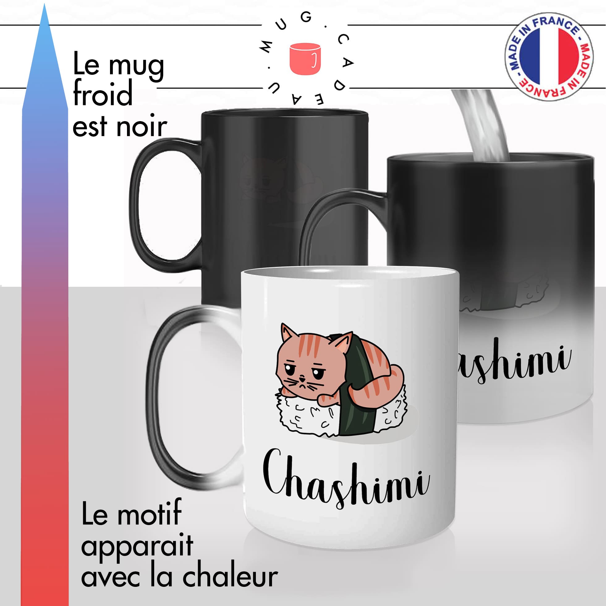 mug magique thermoréactif thermo chauffant personnalisé sashimi sushi chat chashimi animal gourmand poisson fun idée cadeau original