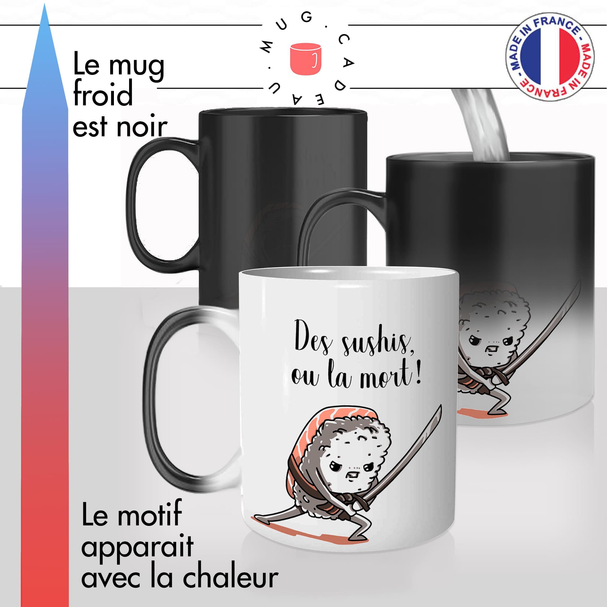 mug magique thermoréactif thermo chauffant personnalisé samuraï épée shaoline des sushis ou la mort sashimi nigiri fun idée cadeau original