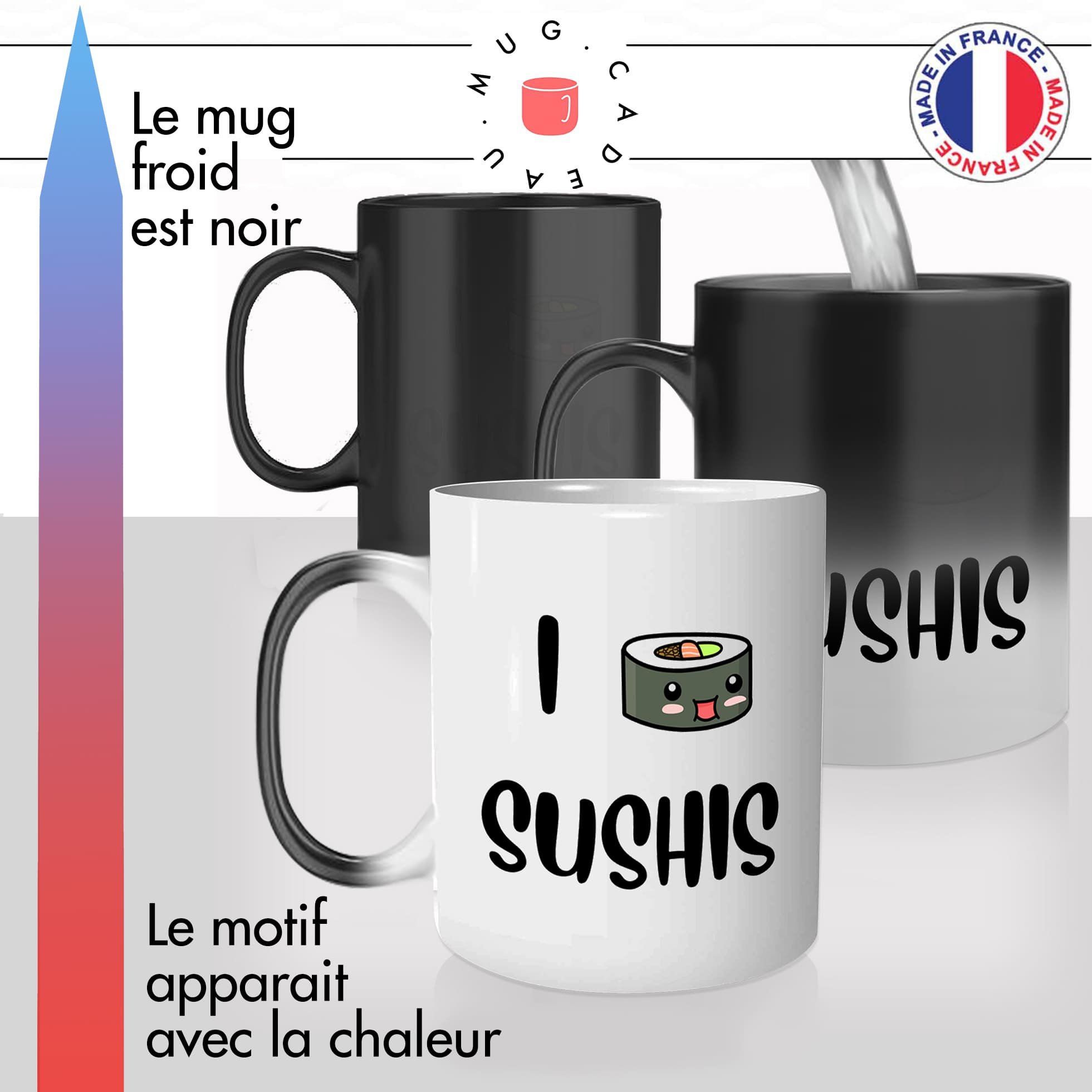 mug magique thermoréactif thermo chauffant personnalisé samuraï épée shaoline i love sushis sashimi nigiri fun idée cadeau original
