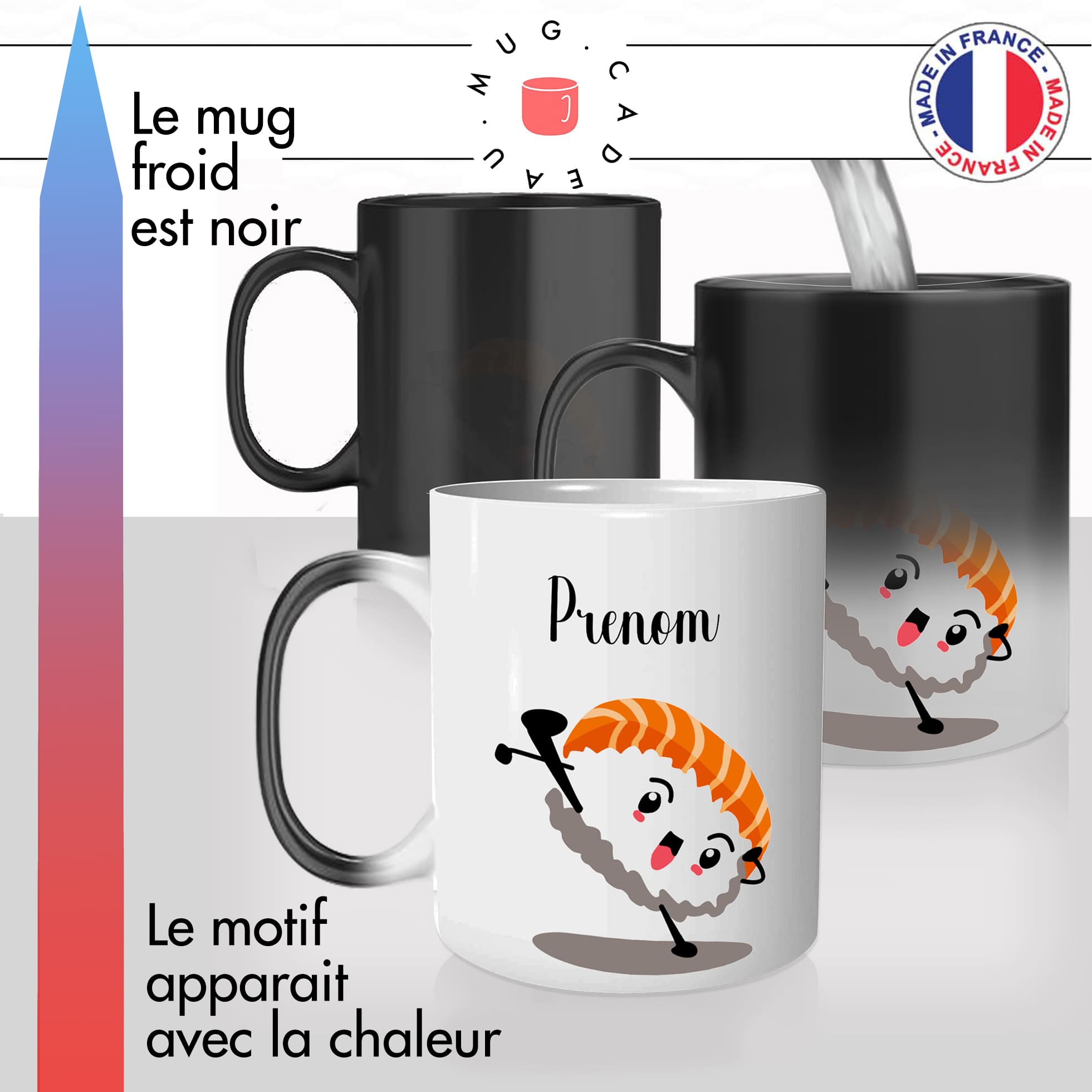 mug magique thermoréactif thermo chauffant personnalisé ninja sushi nigiri saumon karaté japon prenom personnalisable fun idée cadeau original