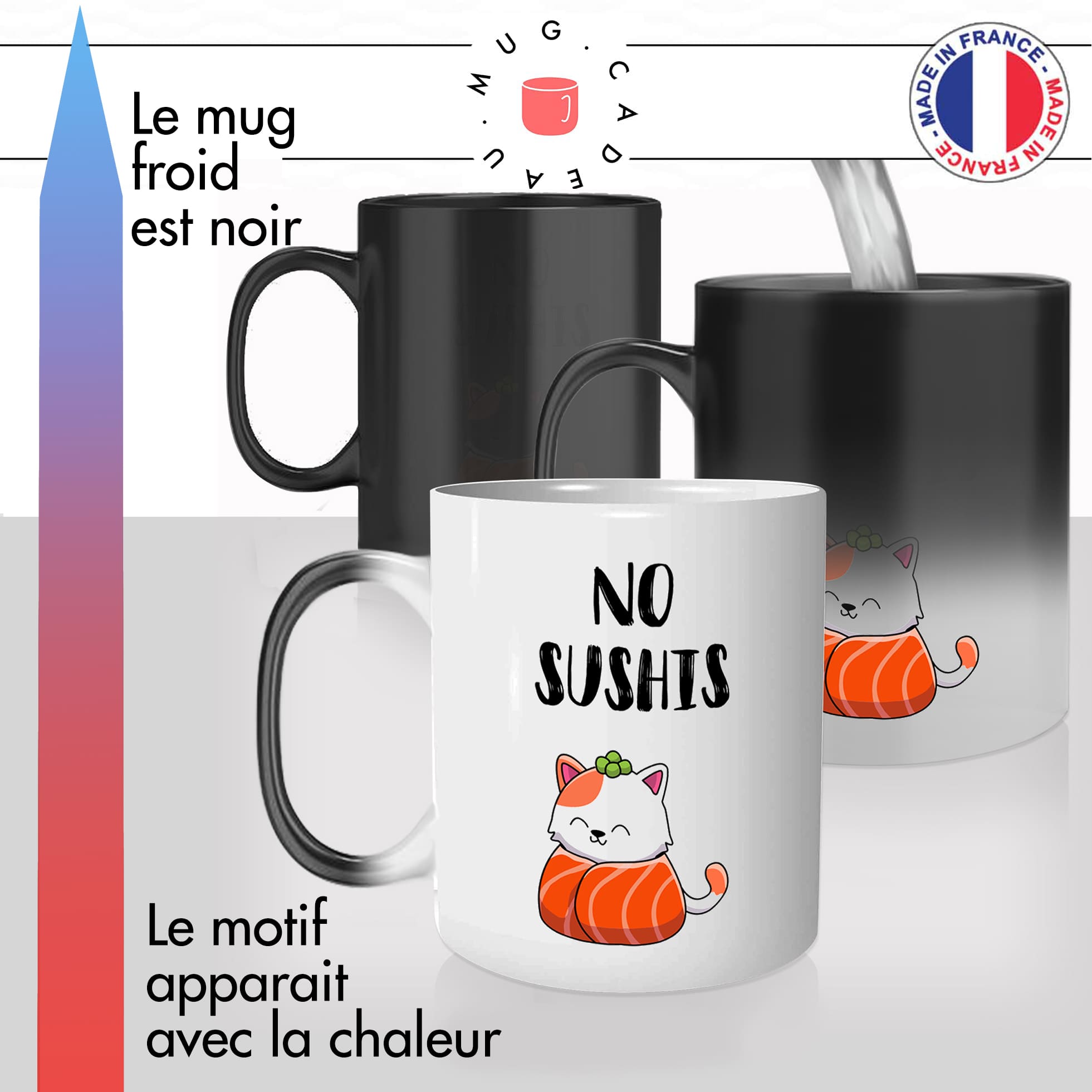 mug magique thermoréactif thermo chauffant personnalisé no sushis saumon chat fun idée cadeau original