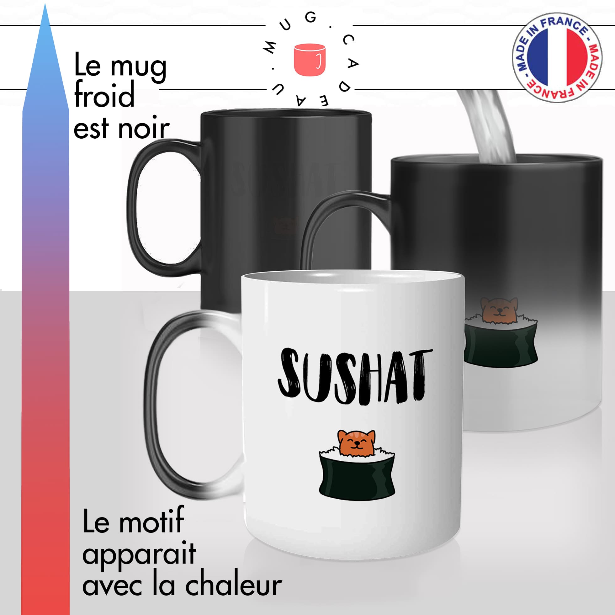 mug magique thermoréactif thermo chauffant personnalisé cuisine japonaise des sushis chat chatons makis idée cadeau fun original