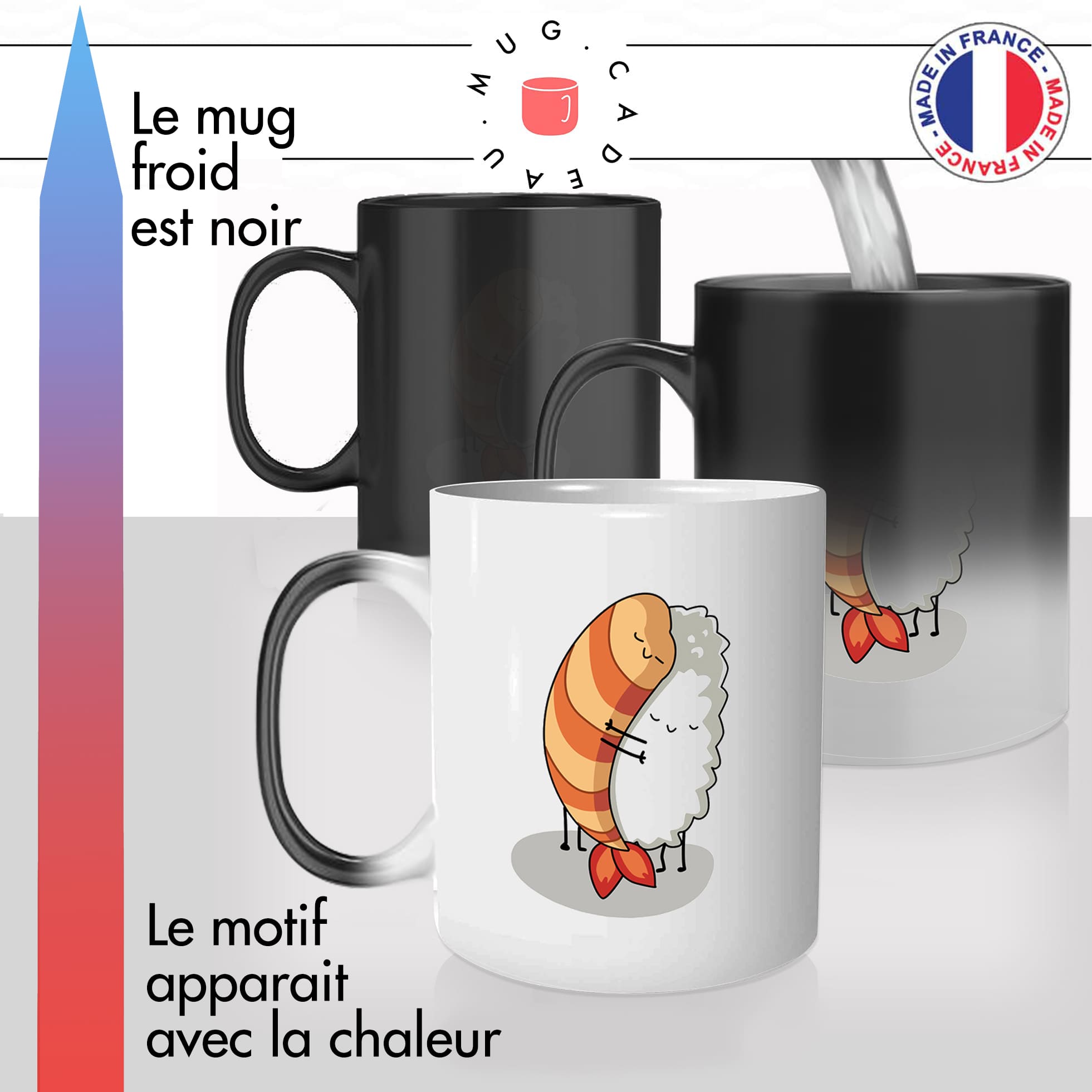 mug magique thermoréactif thermo chauffant personnalisé cuisine japonaise sushis makis crevette nigiri idée cadeau fun original