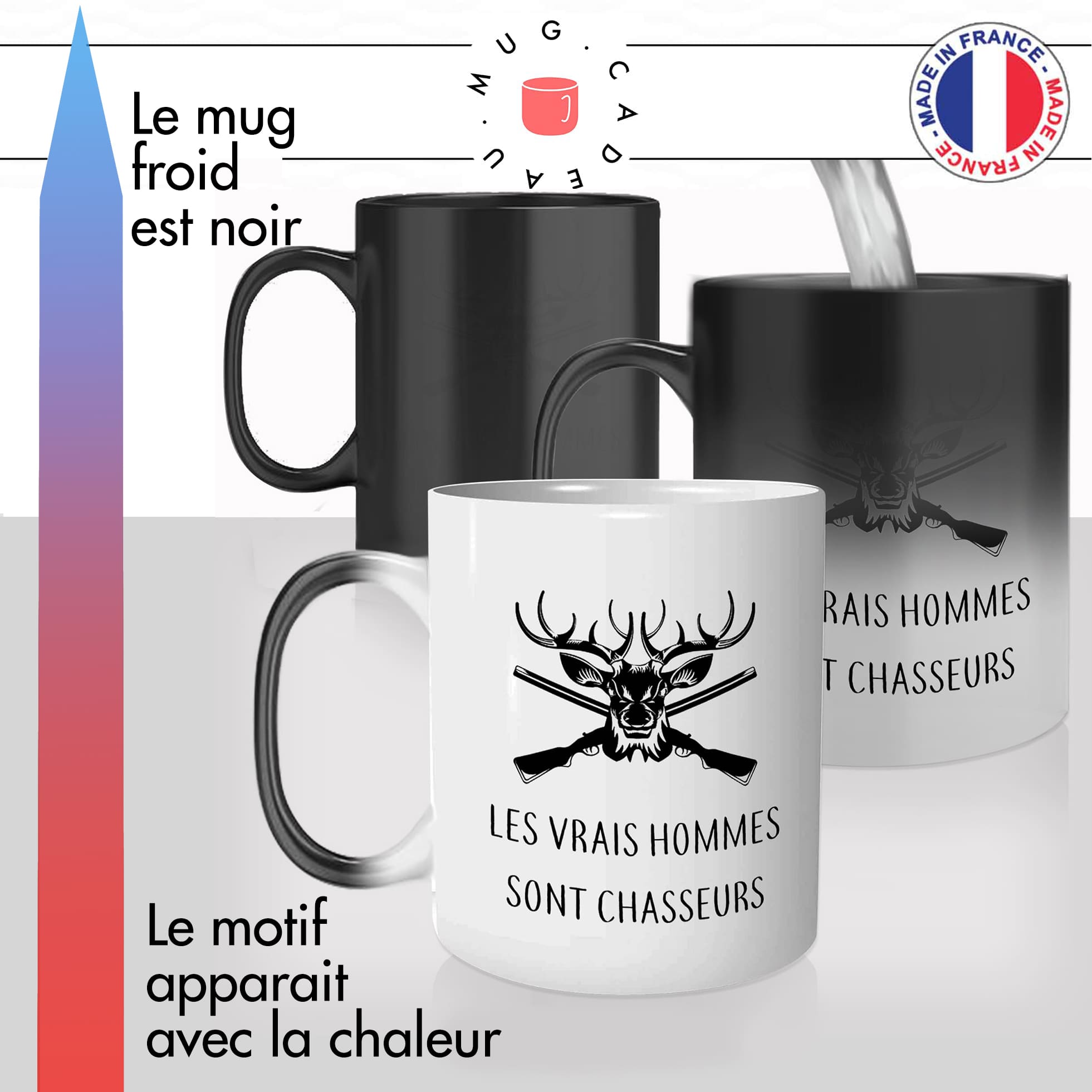 mug magique thermoréactif thermo chauffant personnalisé les vrais hommes sont chasseurs chasse virils idée cadeau fun original passion
