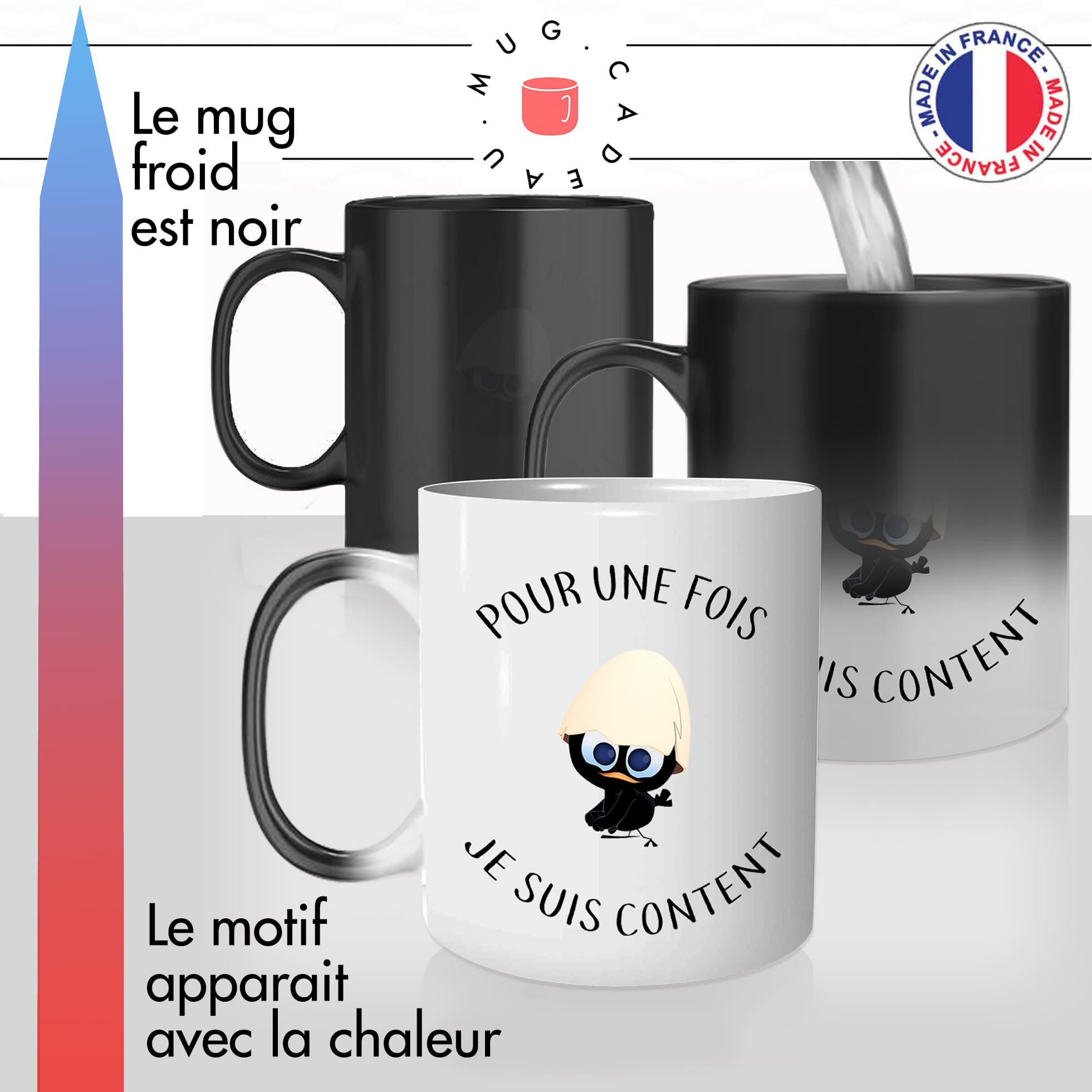 mug magique thermoréactif thermo chauffant personnalisé calimero pour une fois je suis content mignon idée cadeau fun original