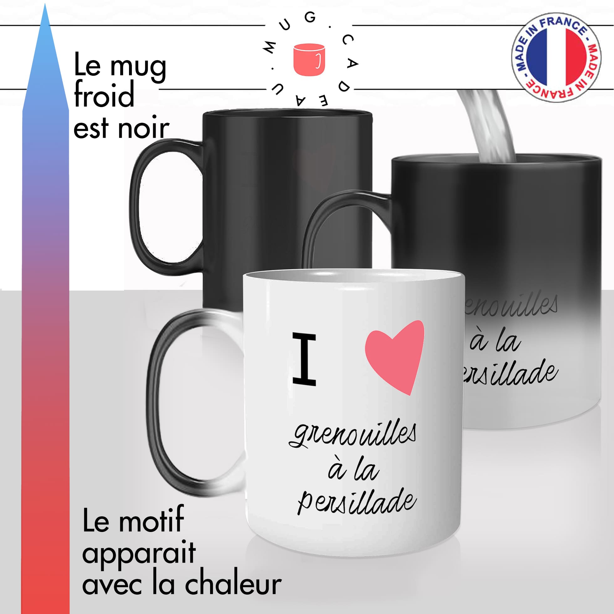 mug magique thermoréactif thermo chauffant personnalisé gastronomie francaise grenouilles a la persillade dombes france idée cadeau fun original