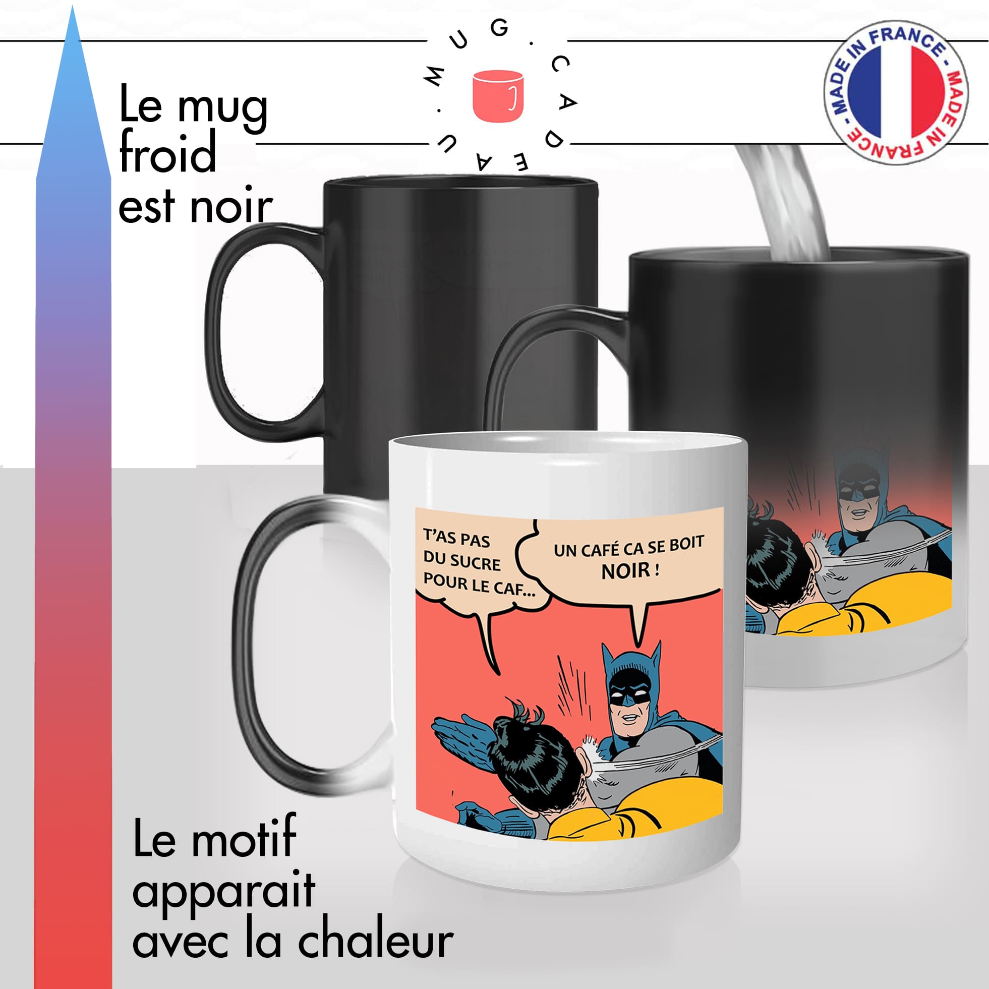 mug magique thermoréactif thermo chauffant personnalisé meme batman giffle robin café noir sans sucre idée cadeau original