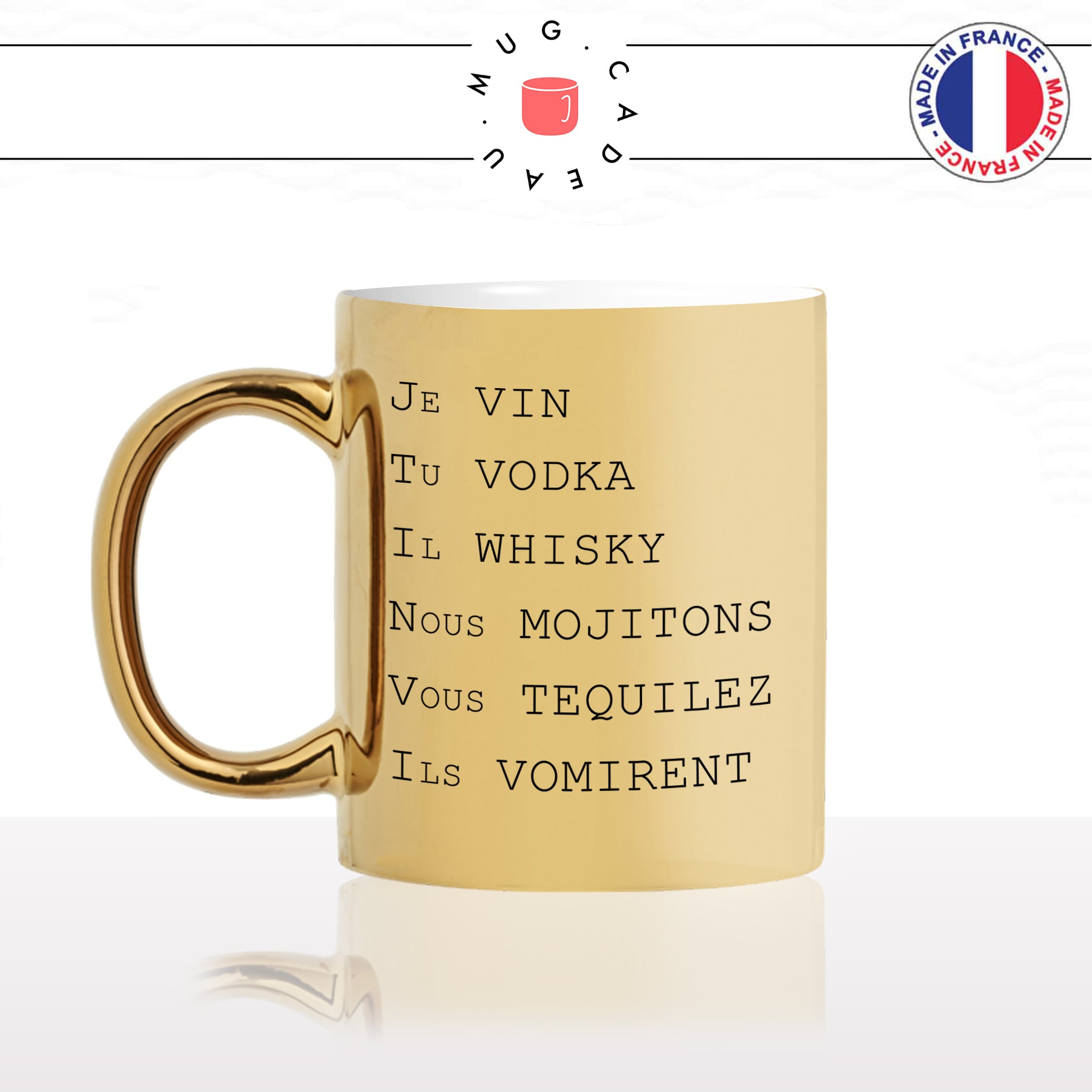 mug-tasse-doré-or-gold-conjuguaisons-alcools-vin-vodka-whisky-mojitos-tequila-vomir-humour-fun-idée-cadeau-personnalisé-café-thé-min