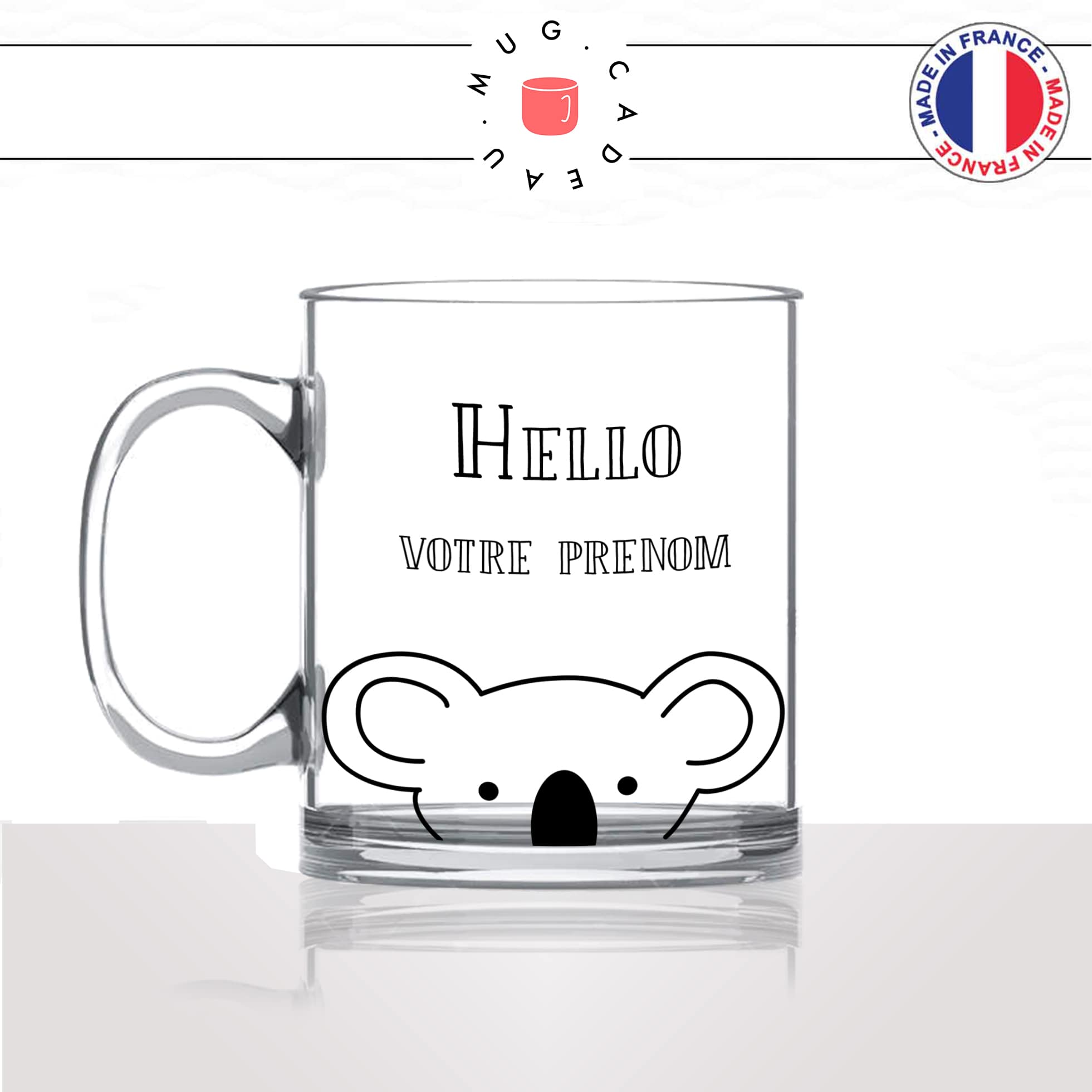 tasse-mug-en-verre-transparent-koala-hello-bonjour-prénom-personnalisable-drole-mignon-animal-noir-fun-café-thé-idée-cadeau-original-personnalisé-min