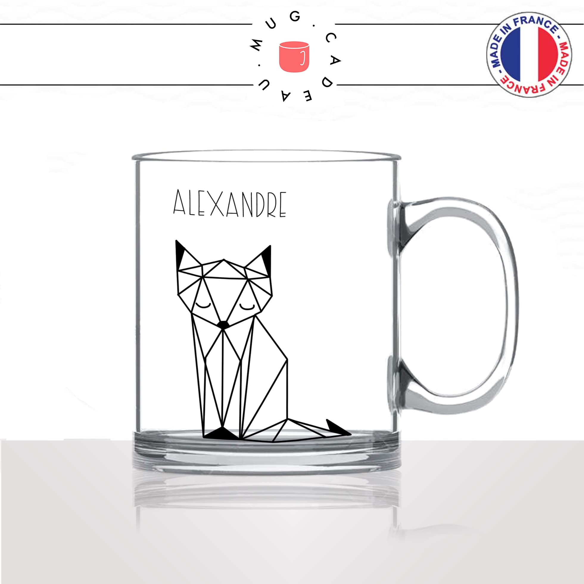tasse-mug-en-verre-transparent-glass-renard-origami-prénom-personnalisable-dessin-mignon-animal-noir-fun-café-thé-idée-cadeau-original-personnalisé2-min