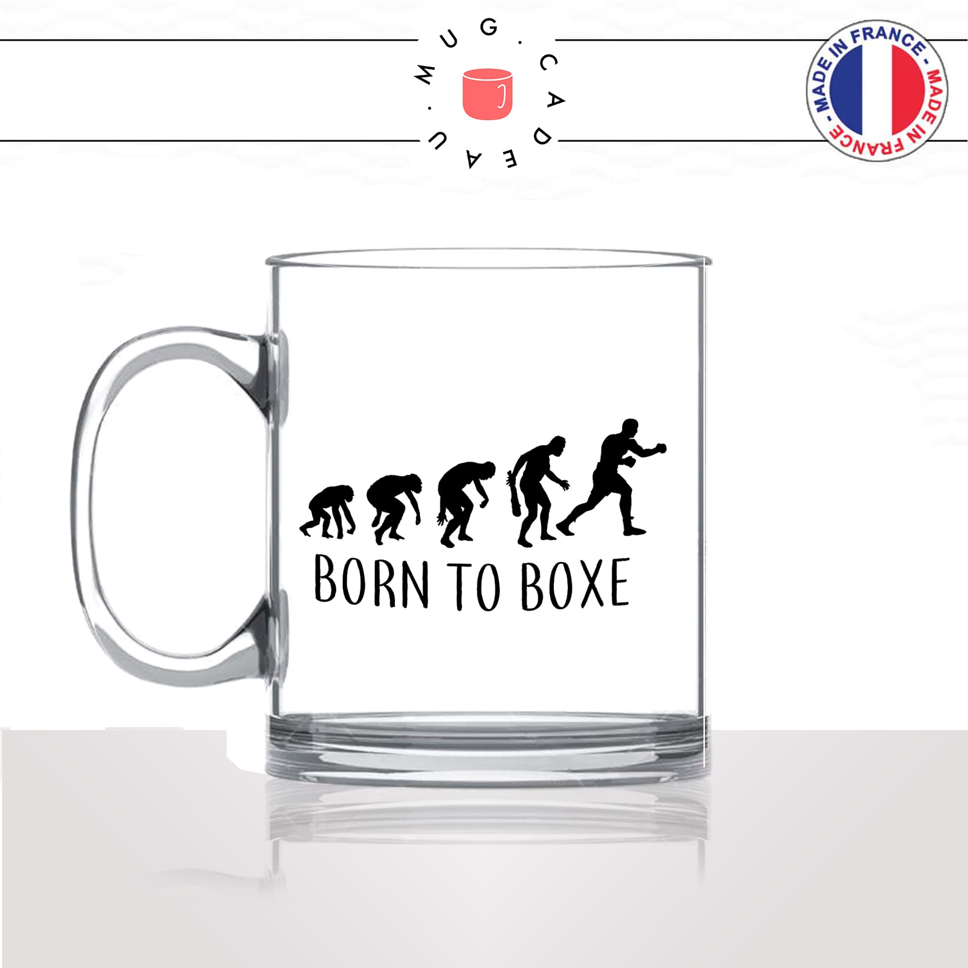 mug-tasse-en-verre-transparent-glass-born-to-boxe-sport - evolution-humaine-singe-primate-ring-homme-humour-idée-cadeau-fun-cool-café-thé