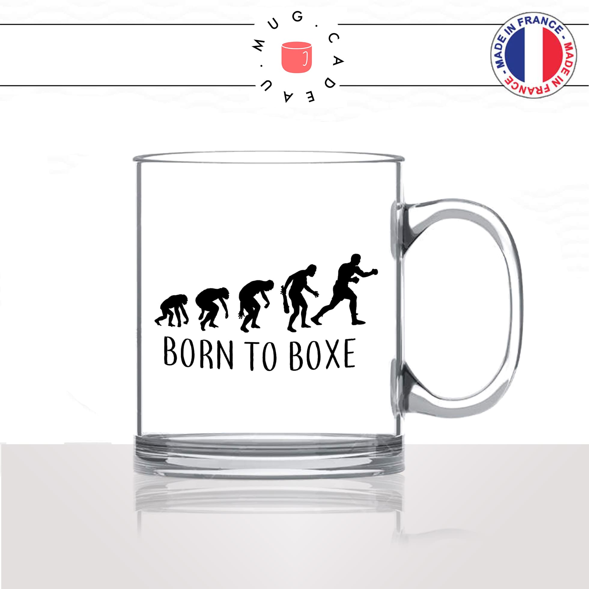 mug-tasse-en-verre-transparent-glass-born-to-boxe-sport - evolution-humaine-singe-primate-ring-homme-humour-idée-cadeau-fun-cool-café-thé2