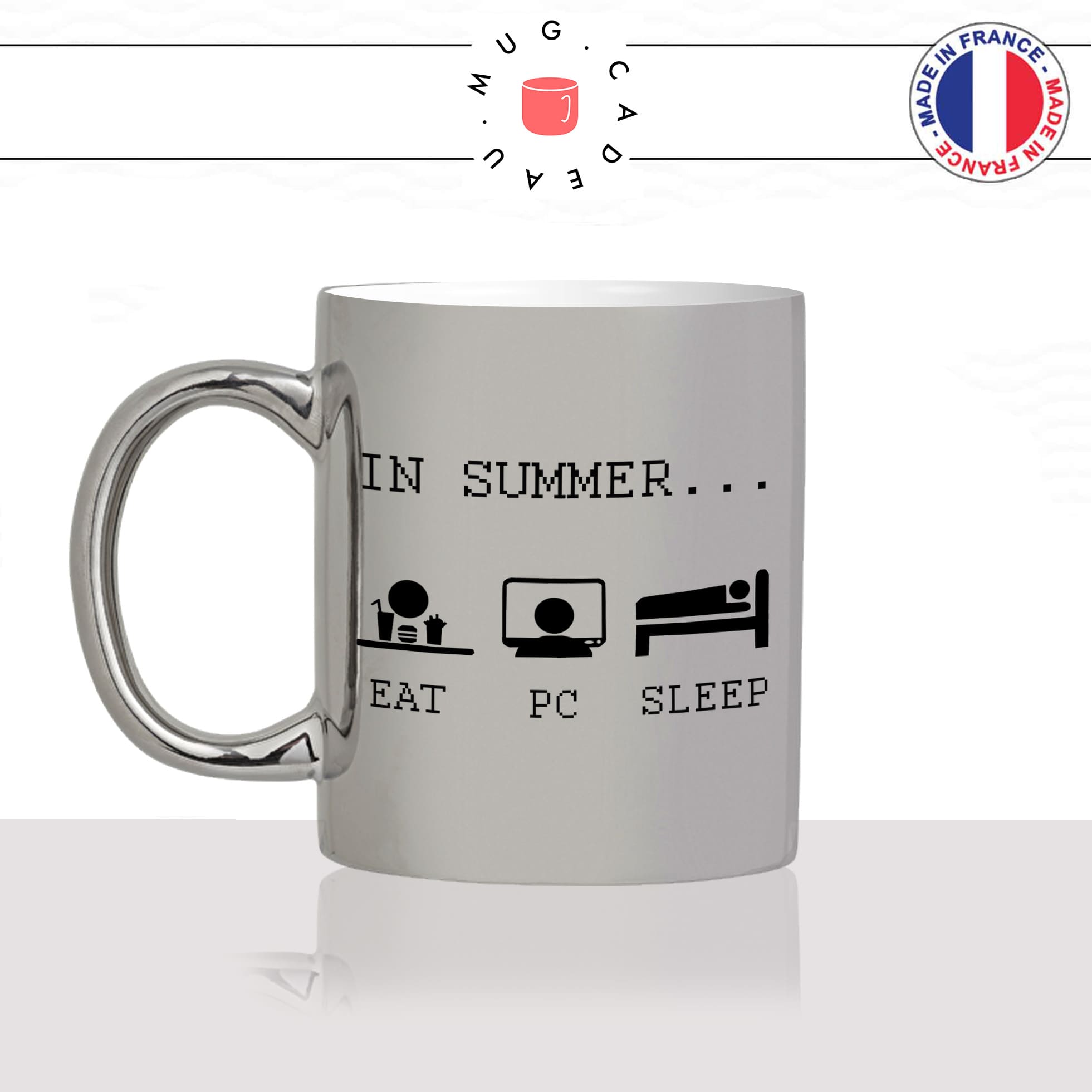mug-tasse-argent-argenté-silver-geek-in-summer-eat-pc-sleep-été-jeux-video-gamer-gaming-drole-original-idée-cadeau-fun-cool-café-thé